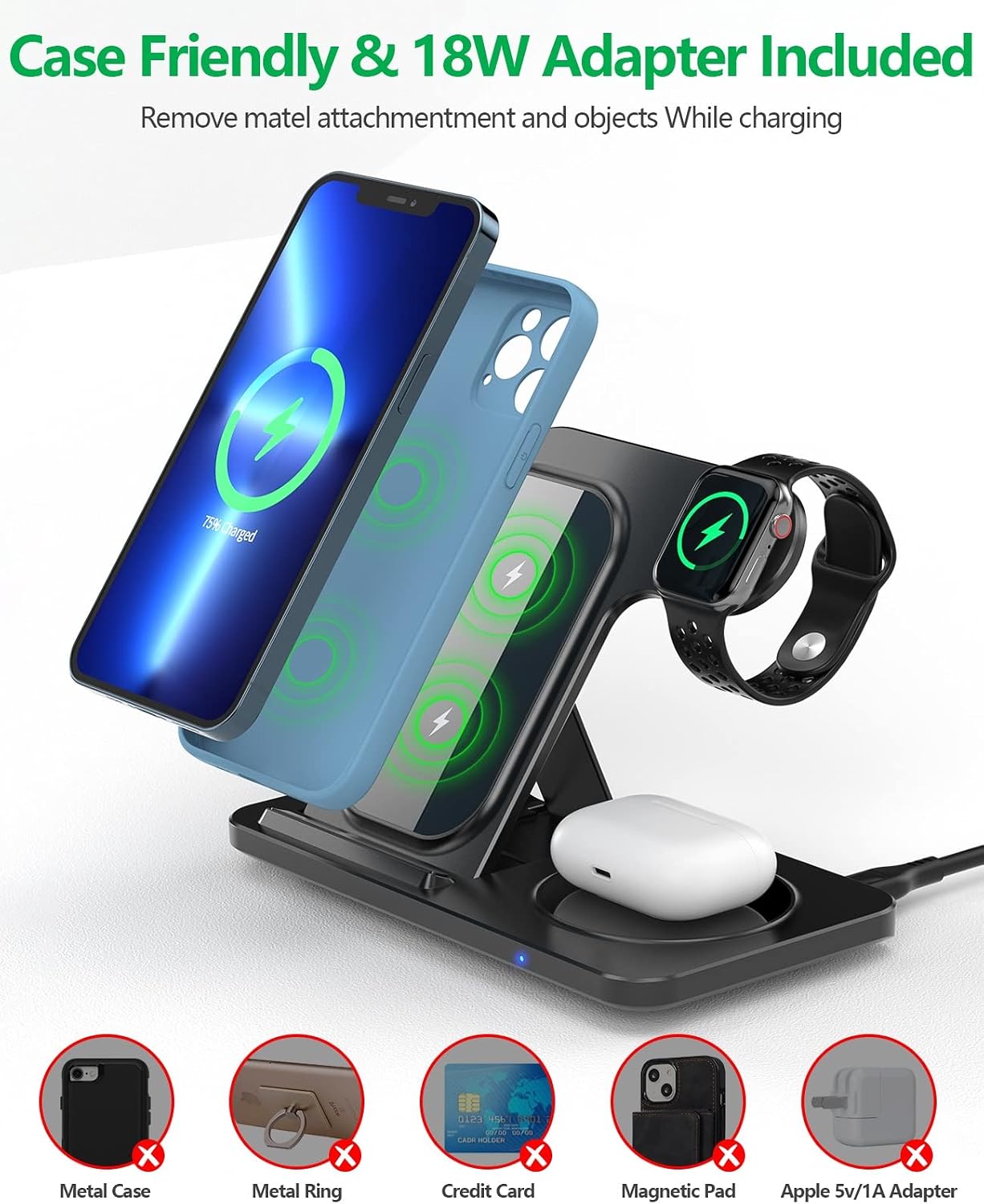 3 in 1 Foldable Wireless Charging Station, Fast Wireless Charger Stand Compatible with iPhone 14/13/12/11Pro/Max/XR/XS Max/X, Apple Watch 7/6/SE/5/4/3/2, AirPods 2/Pro with Adapter