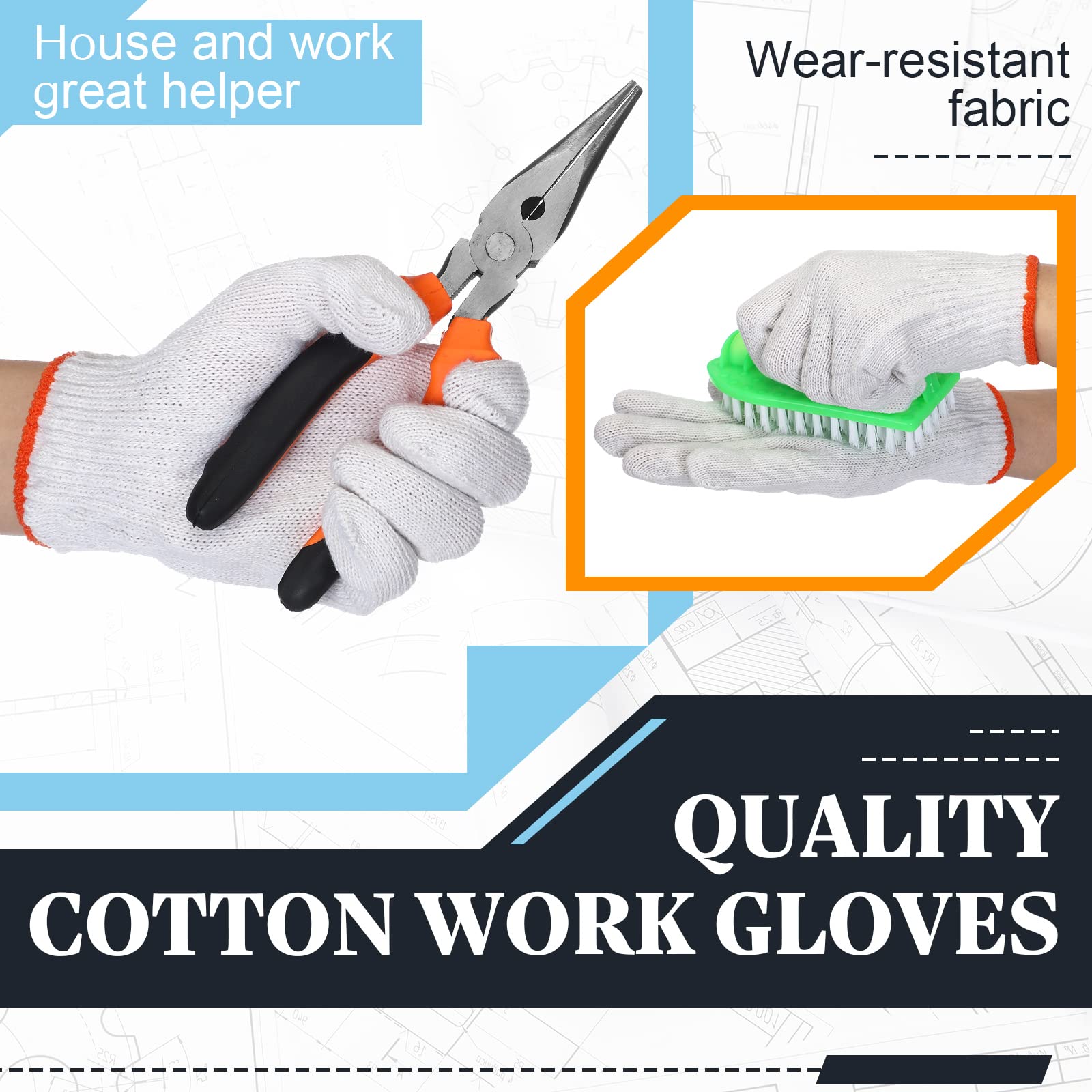 Sureio 100 pares de guantes de algodón para mano, forro de algodón, guantes de poliéster de punto de seguridad para barbacoa, hombres y mujeres (blanco)