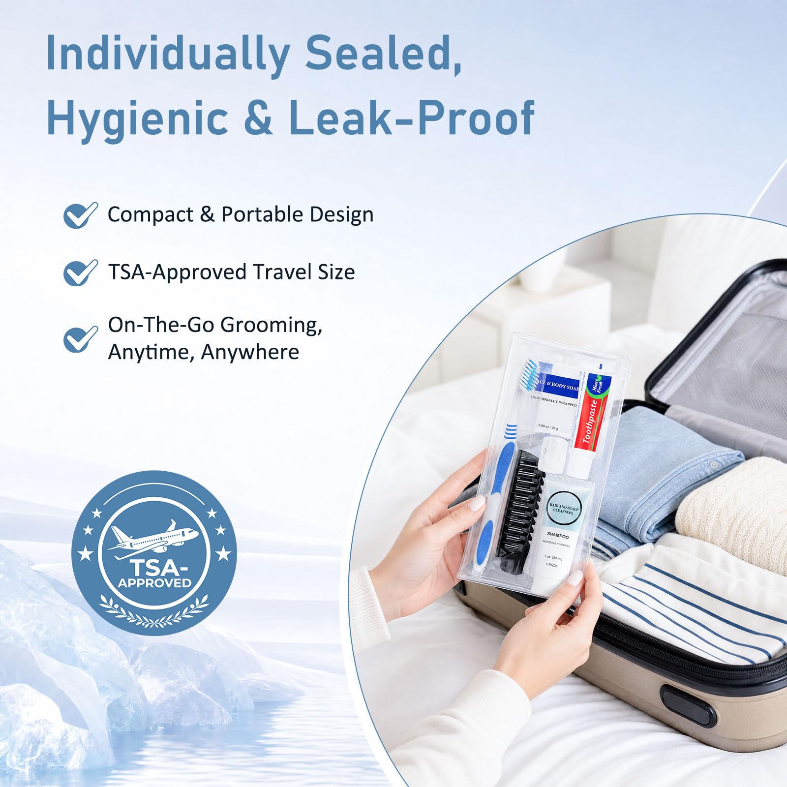 Kit di articoli da toeletta da viaggio, kit di igiene personale 5 | Con spazzolino da denti, dentifricio, shampoo, pettine, sapone, confezionati singolarmente per gli ospiti, hotel, campeggio
