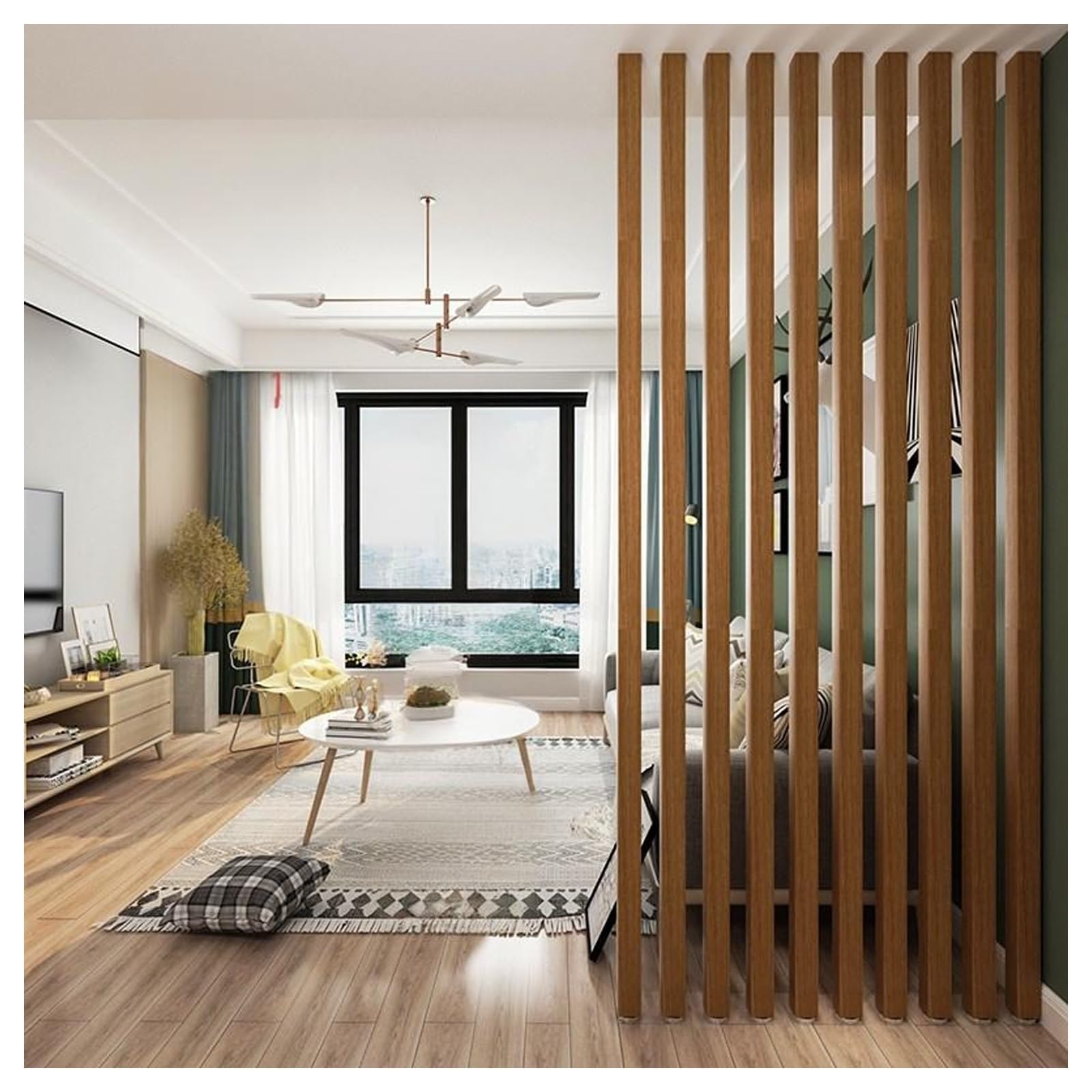 Séparateur de pièce en bois pour structurer un salon ouvert sans perdre la lumière