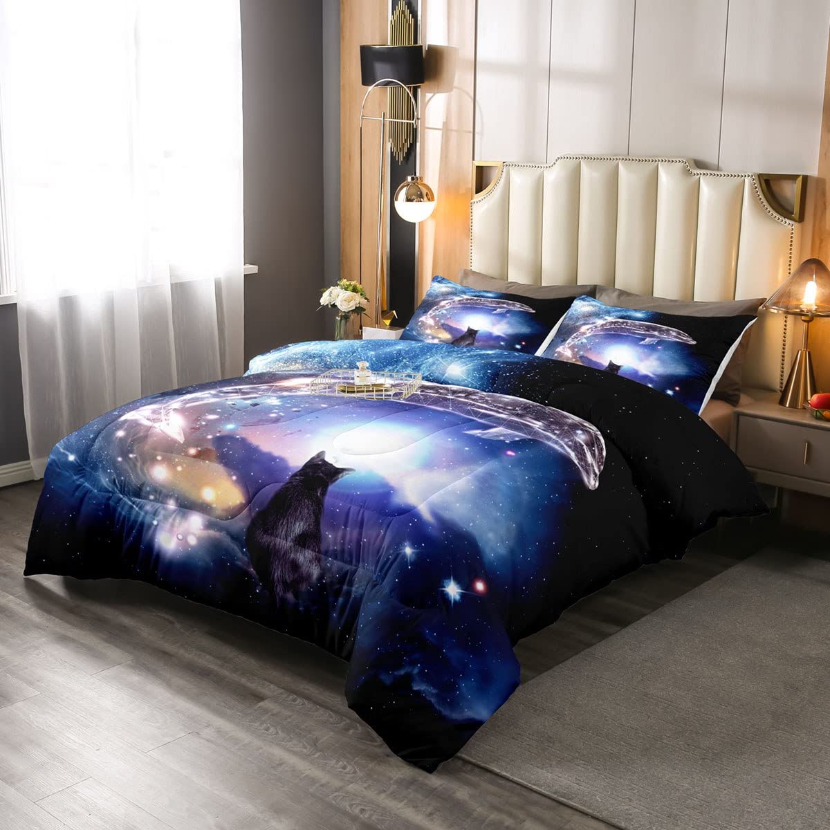 Loussiesd Galaxy Bedding Set Galaxy For Kids Child Teens Dolphin Constellation Duvet Set Cute Cat Down Comforter Quilt Set King Size