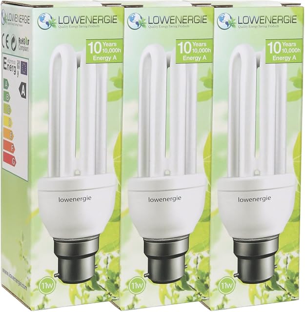 11W (=60W) Energy Saving CFL Light Bulbs, B22 B22d BC Bayonet Cap, Stick, 10 Years by Lowenergie [Energy Class A] (3)