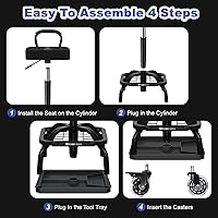 Vista 6 de Rolling Shop Taburete con ruedas, silla de taller mecánico de garaje con respaldo de asa, taburete de trabajo de altura ajustable, asiento