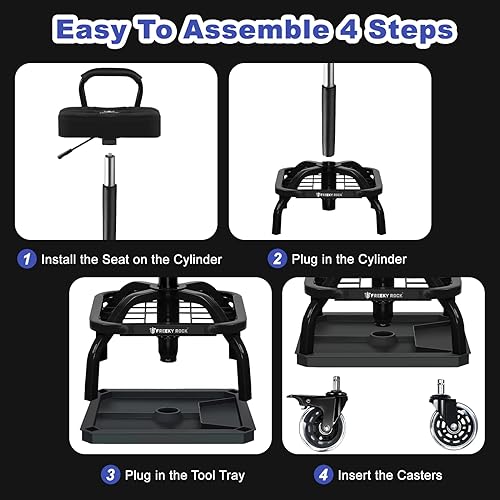 Miniatura 7 de Rolling Shop Taburete con ruedas, silla de taller mecánico de garaje con respaldo de asa, taburete de trabajo de altura ajustable, asiento