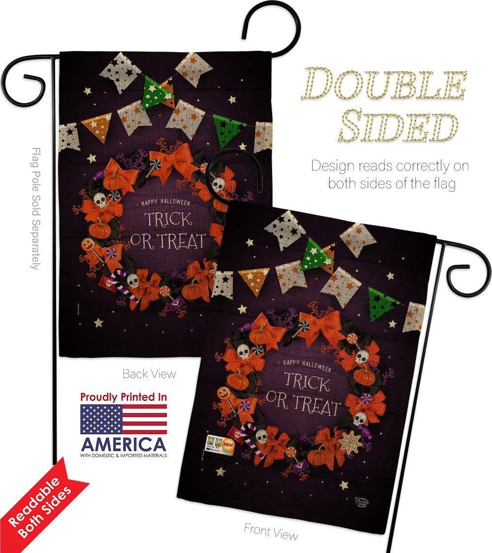 Trick Or Treat Wreath Burlap Garden Flag Falltime Halloween Witch Spooky Night Black Cat Season Autumntime Pumpkin Small Decorative Gift Yard House Banner Double-Sided Made In USA 13 X 18.5