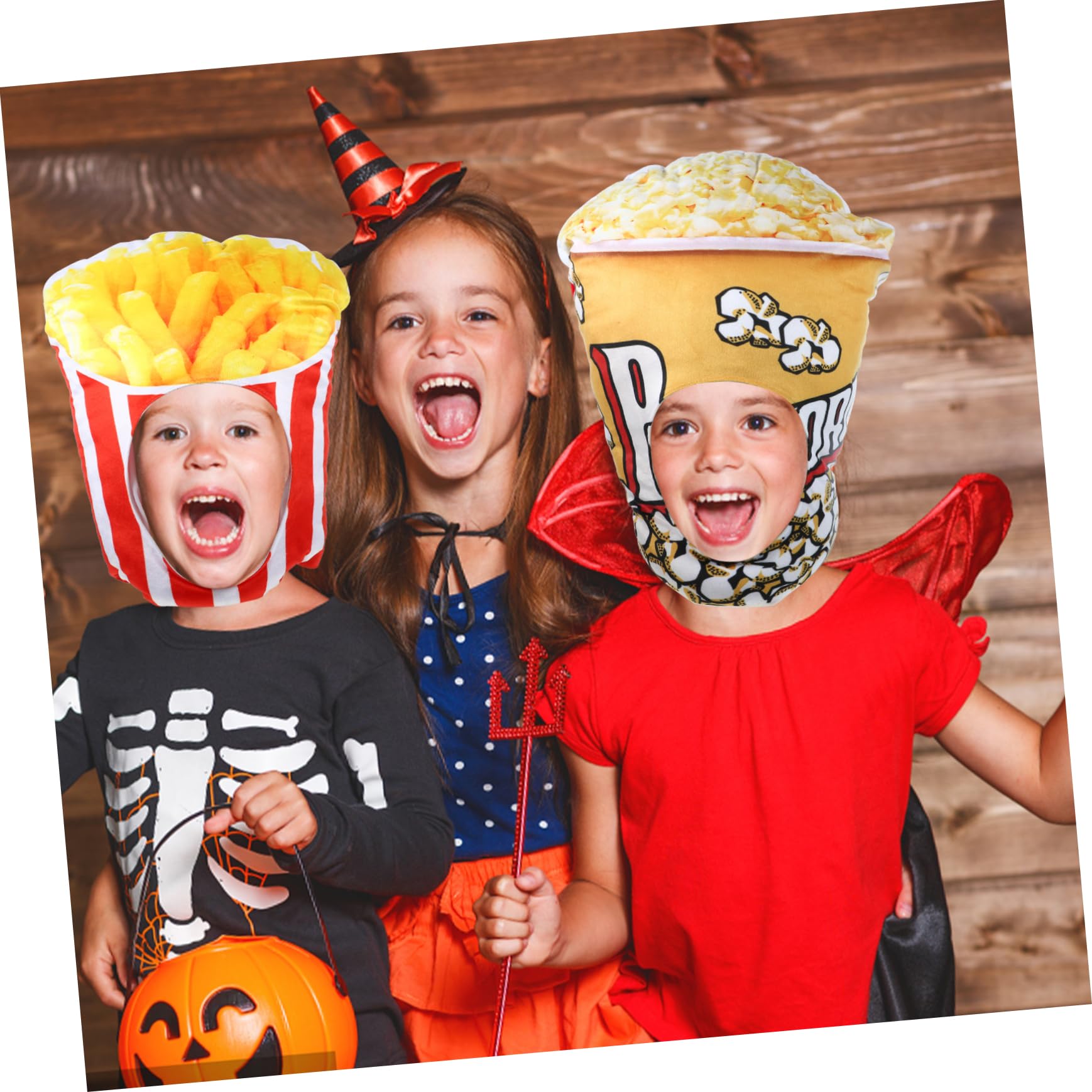 Sombrero de Palomitas de Maíz y Papas Fritas, 2 Piezas | Pp Algodón, Rojo, para Fiestas y Espectáculos, Diseño Cartoon Creativo en Forma de Snacks