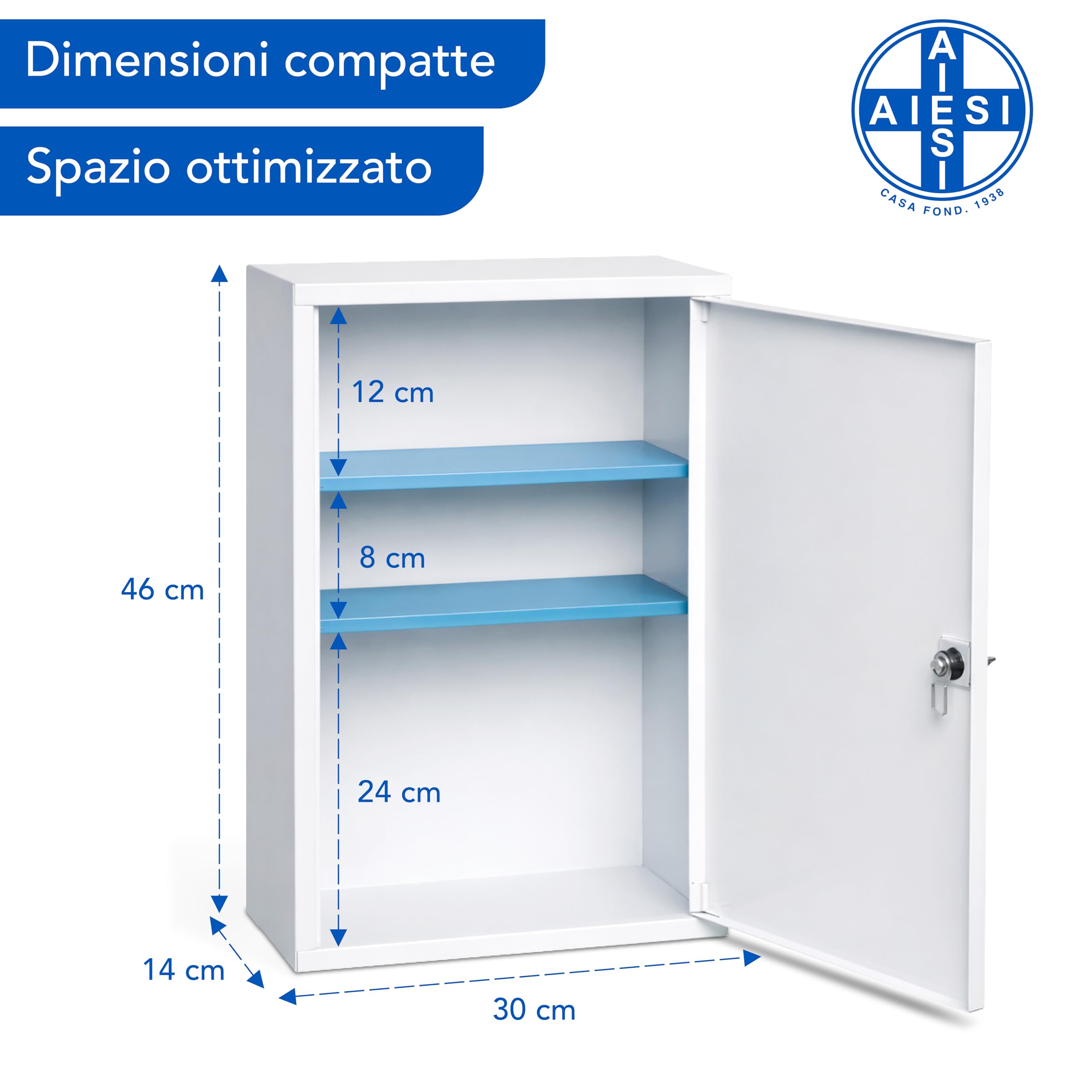 AIESI® Armadietto per medicinali da parete (cm 30x14x46h) in metallo con chiave fornito vuoto, Garanzia Italia 24 mesi