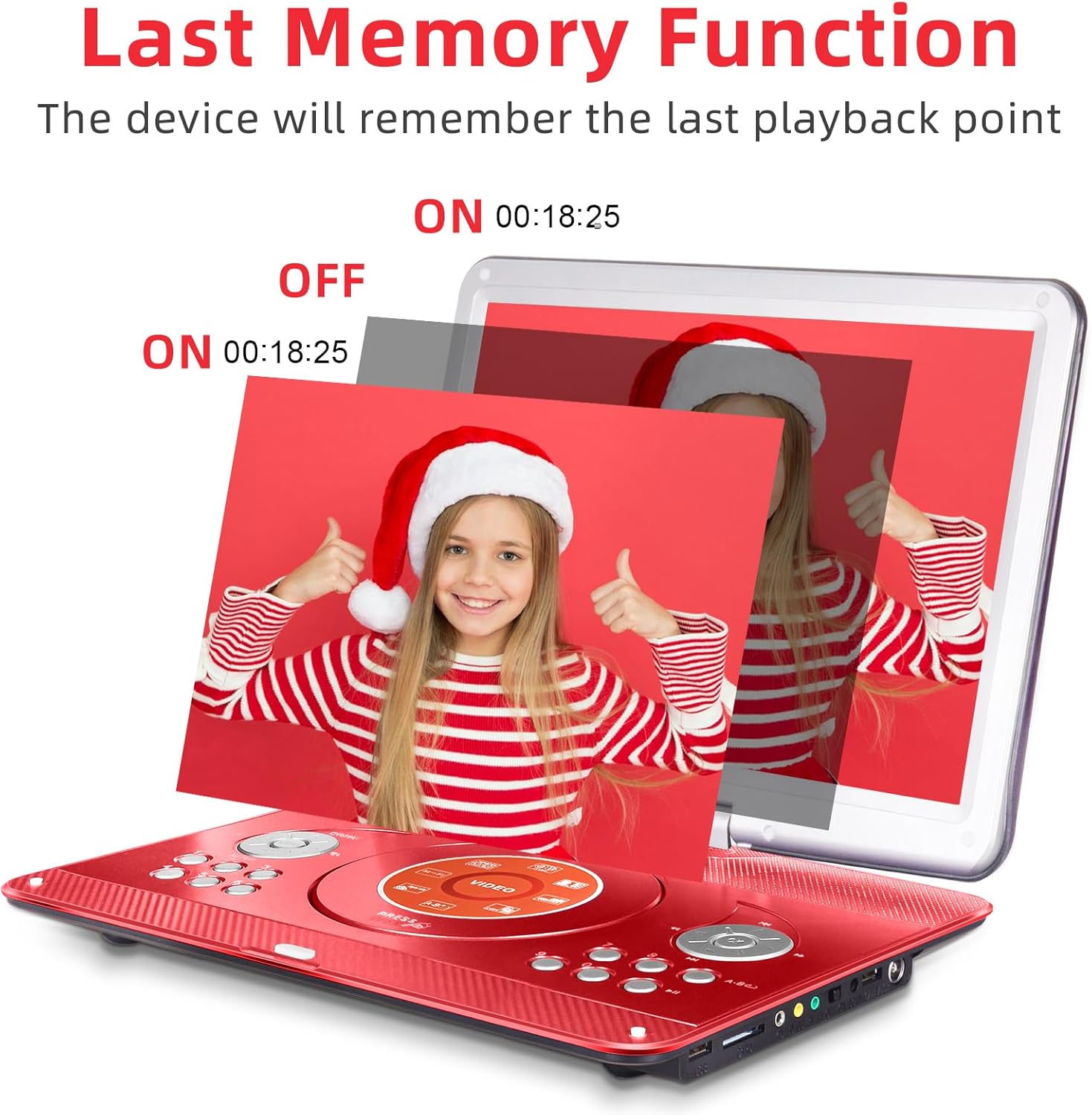 HotHat Portable DVD Player demonstrating its last memory function, showing playback resuming from the last stopped point.