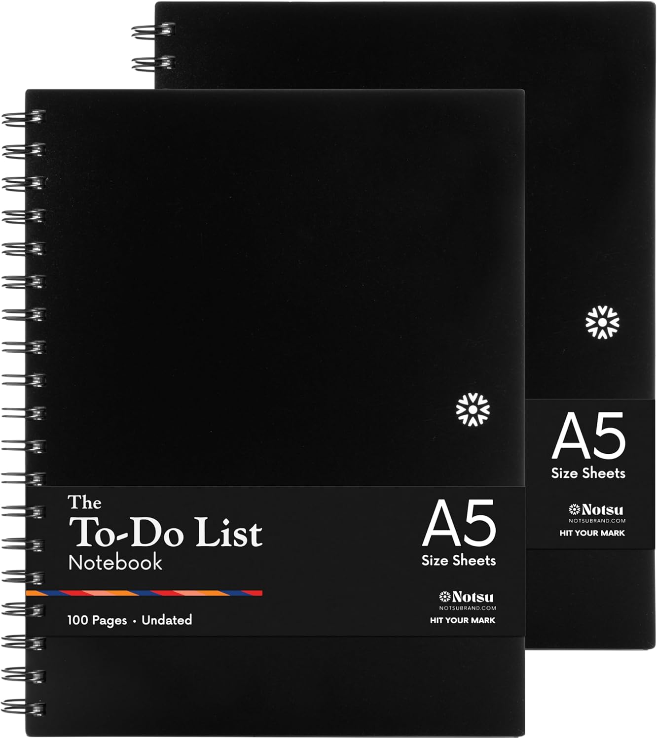 Notsu To Do List Notebook 2-Pack | Minimalist Planner with To-Do Checklist, Dot Grid, Notes sections. 100 Undated Pages, Thick Paper 120 gsm, A5 Size 5.8" x 8.3", Black