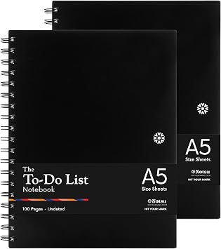 Notsu To Do List Notebook 2-Pack | Minimalist Planner with To-Do Checklist, Dot Grid, Notes sections. 100 Undated Pages, Thick Paper 120 gsm, A5 Size 5.8" x 8.3", Black