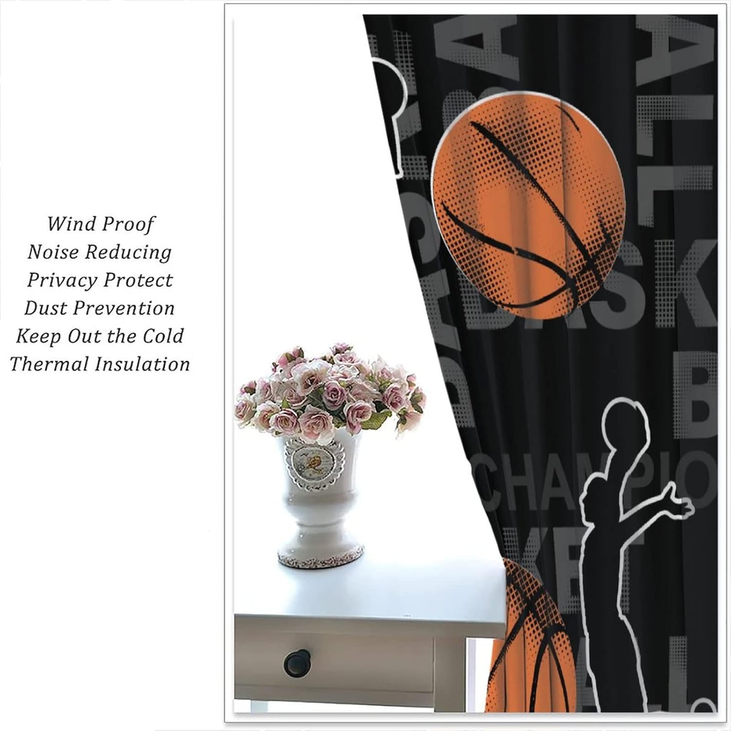 Ball Sports Curtains,Basketball Playing Game Sports Abstract Theme Home Fabric Living Room Kid Teens Boys Bedroom Home Decor W42xL45in