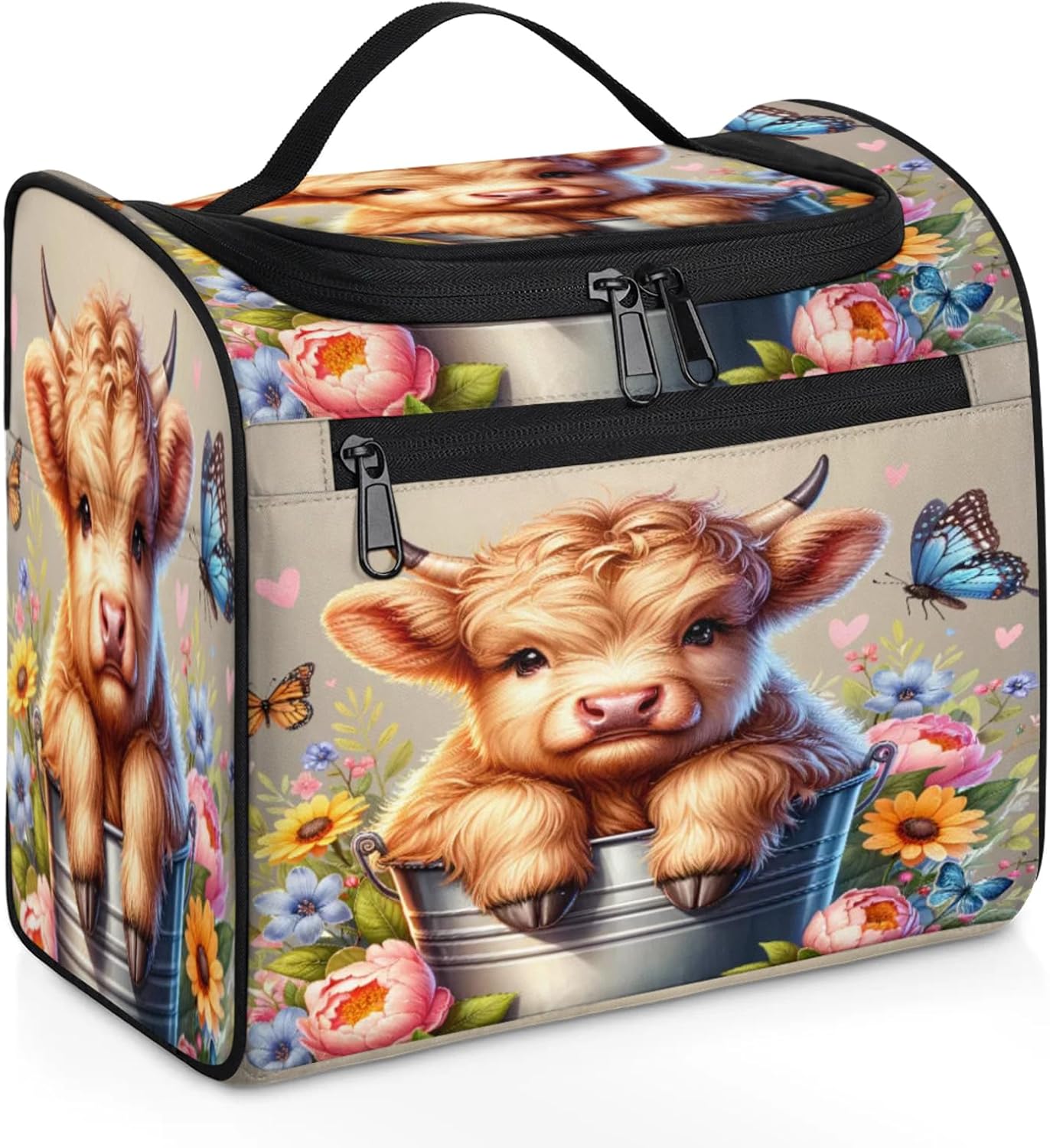 cfpolar Toiletry Bag for Women, Animal Cow Hanging Travel Toiletry Bag, Water-resistant Cosmetic Makeup Organizer for Toiletries and Cosmetics, Bathroom Shower Bag with Handle and Hook
