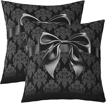 Feelyou Bow Throw Pillow Covers Set of 2 Bowknot Square Cushion Covers Jacquard Pillow Case Black Bow Cushion Case for Couch Sofa Retro Hippie Flower Bedroom Decor 18 x 18-Inch