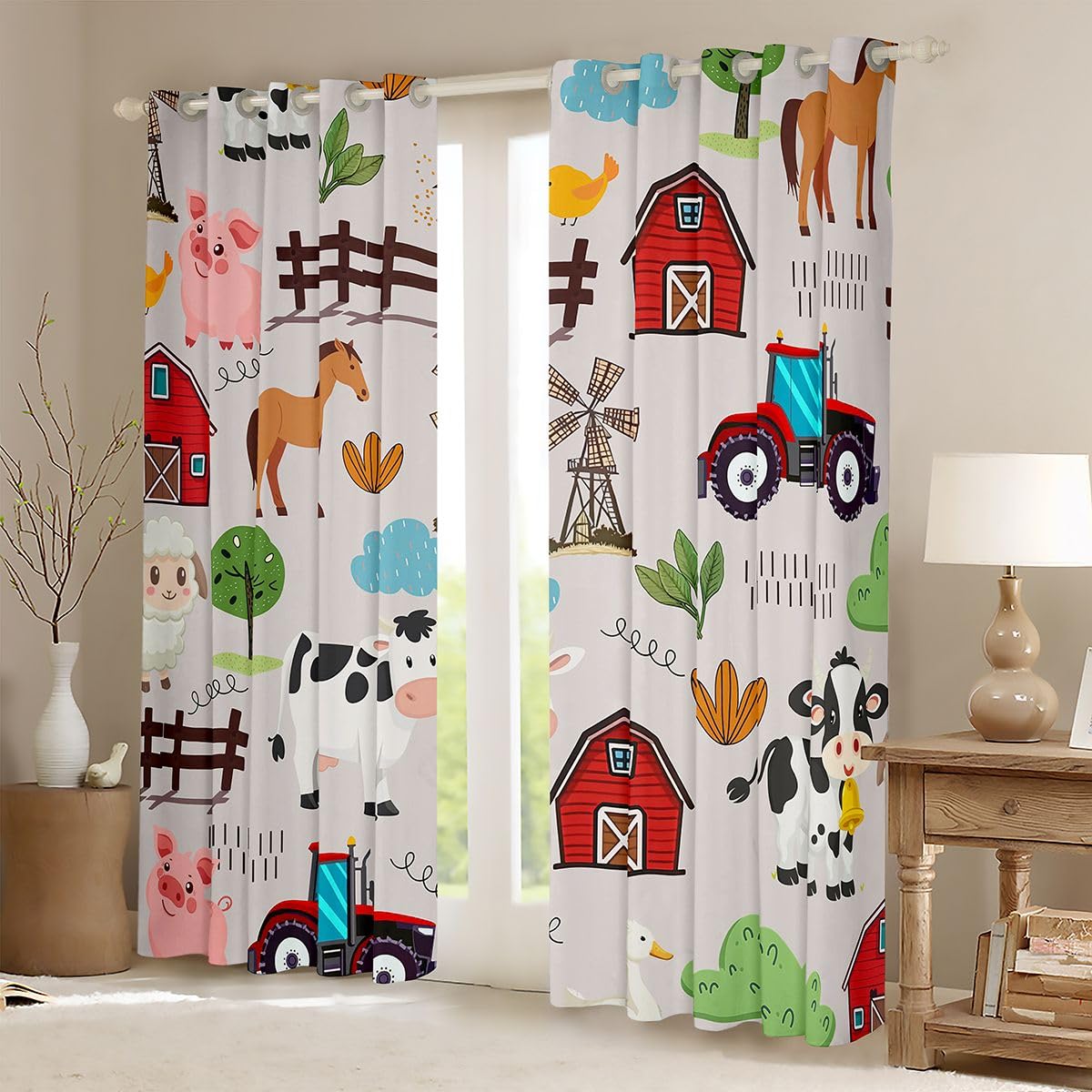 Loussiesd Cow Pig Horse Chicken Window Treatments, 2 pannelli W46*L54