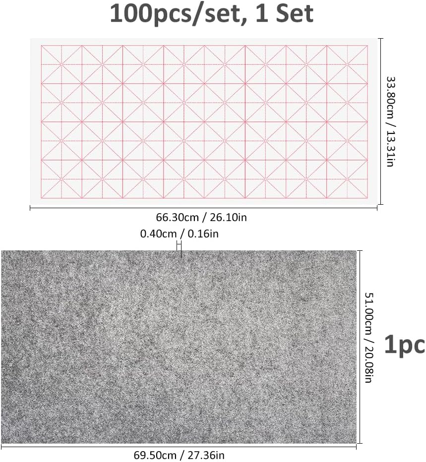 SUPERFINDINGS 100Pcs Chinese Calligraphy Xuan Paper with 5cm Grid Xuan Paper Rice Papers with Felt Mat 26.1x13.3 Inch/66.3x33.9cm Calligraphy Brush Writing Sumi Papers for Writing Painting Practice