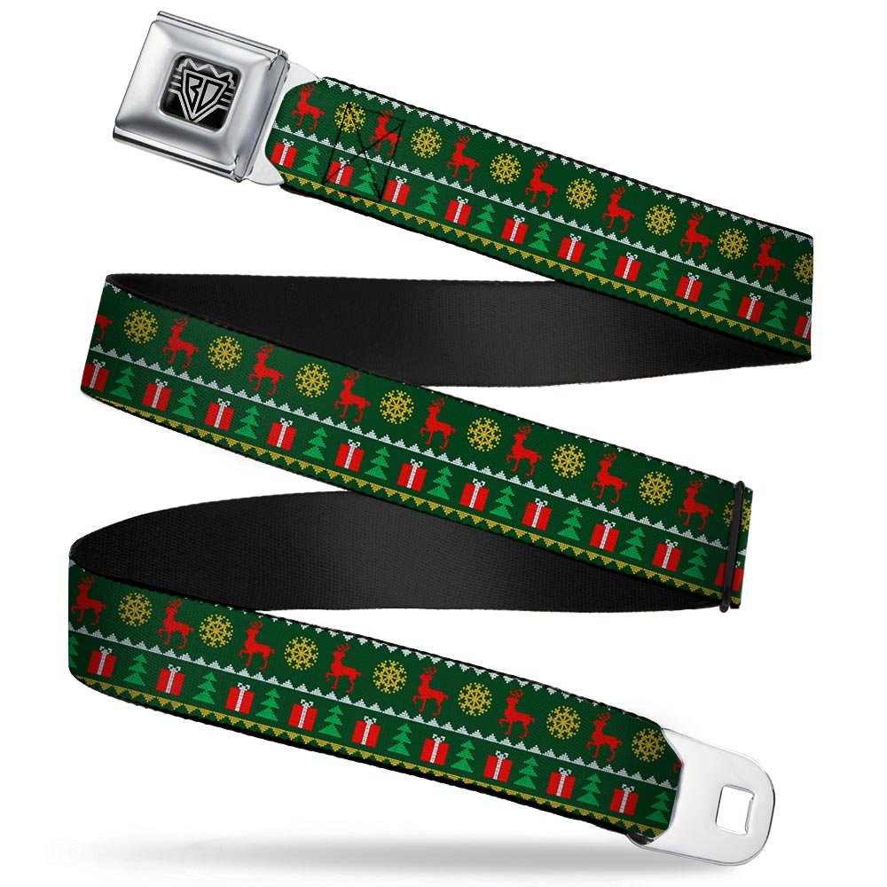 Buckle-Down Seatbelt Belt Christmas Regular Accessory, Christmas Sweater Stitch Green/White/Gold/Red, 1.5" Wide - 24-38 Inches