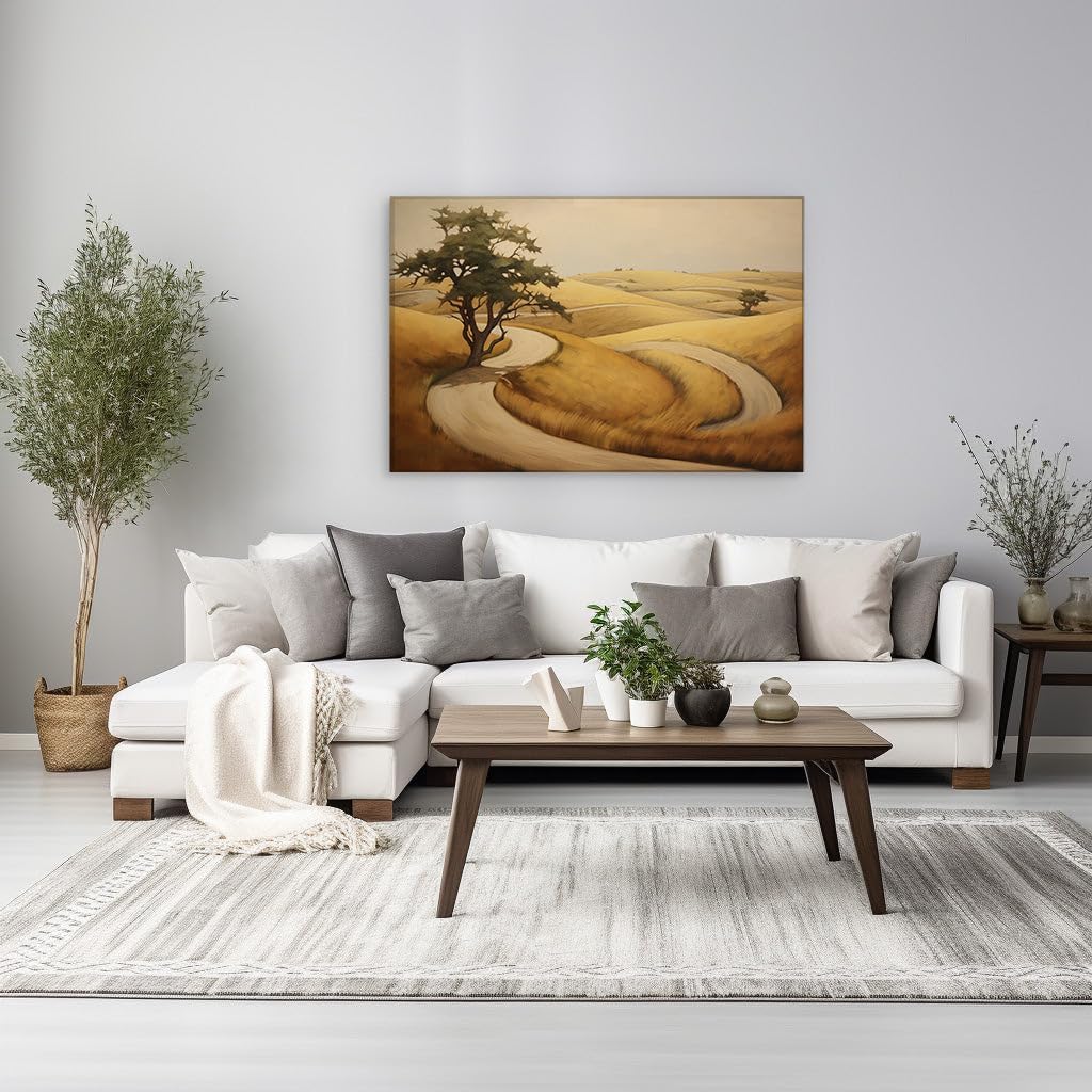 Canvas for Living room. Winding Road through Earth-Toned Grasslands: A Serene Digital Landscape, 27 x 18 inch Canvas Wall Art - Modern Home Decor