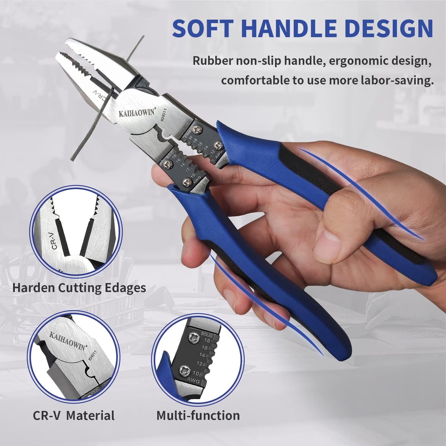 Linesman Pliers-KAIHAOWIN 8" High Leverage Side Cutters-Heavy Duty chromium vanadium steel Combination Pliers-Cut ACSR/Nails/Screws-Multitools for Hard Wire Cutter Stripper Crimper Professional Pliers - - 