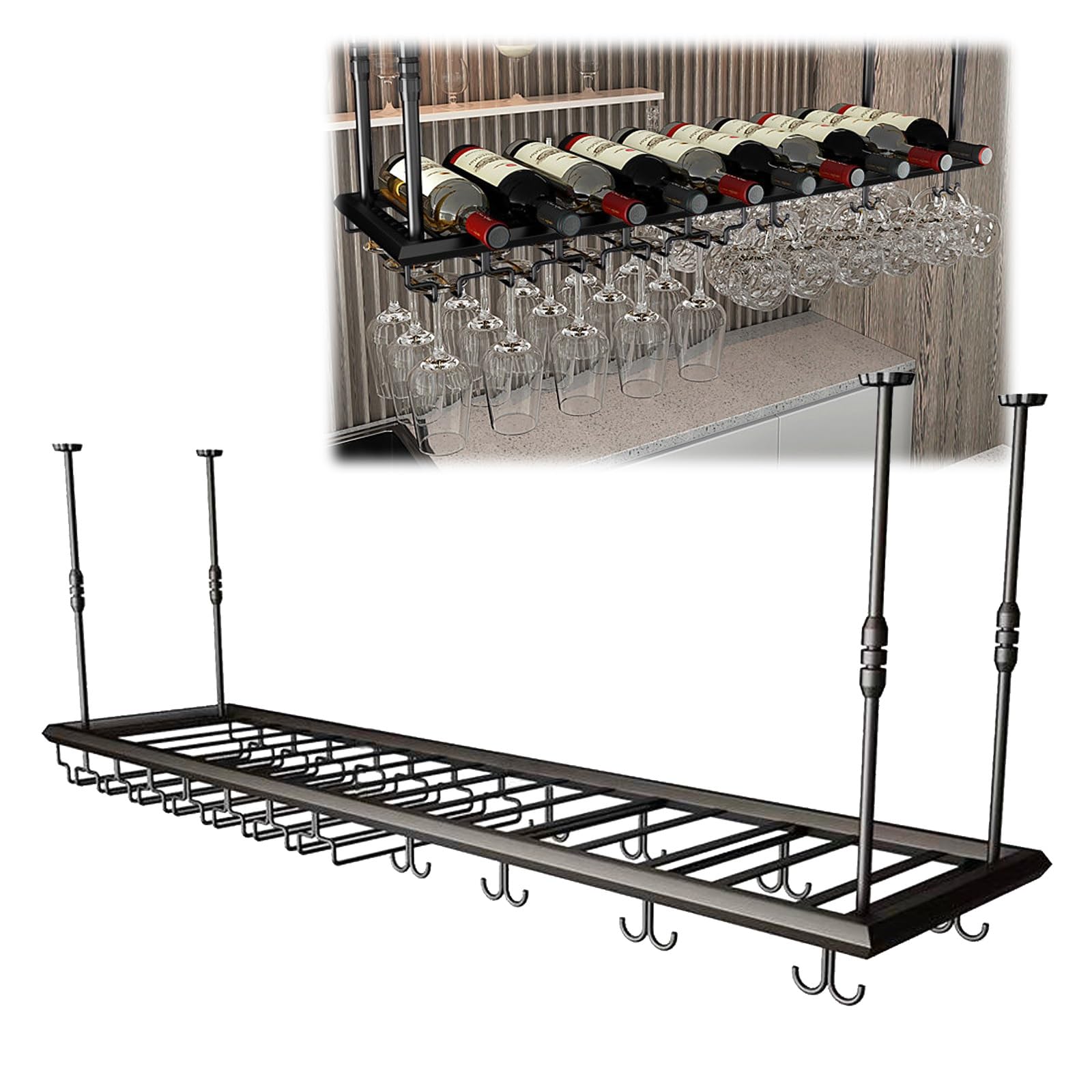 ASYJVWYZ Hanging Wine Rack With Stemware Glass Holder, Industrial Ceiling-Mounted Wine Bottle Organizer, Adjustable Bar Storage Shelf(Style B,150x30cm/59x12in)