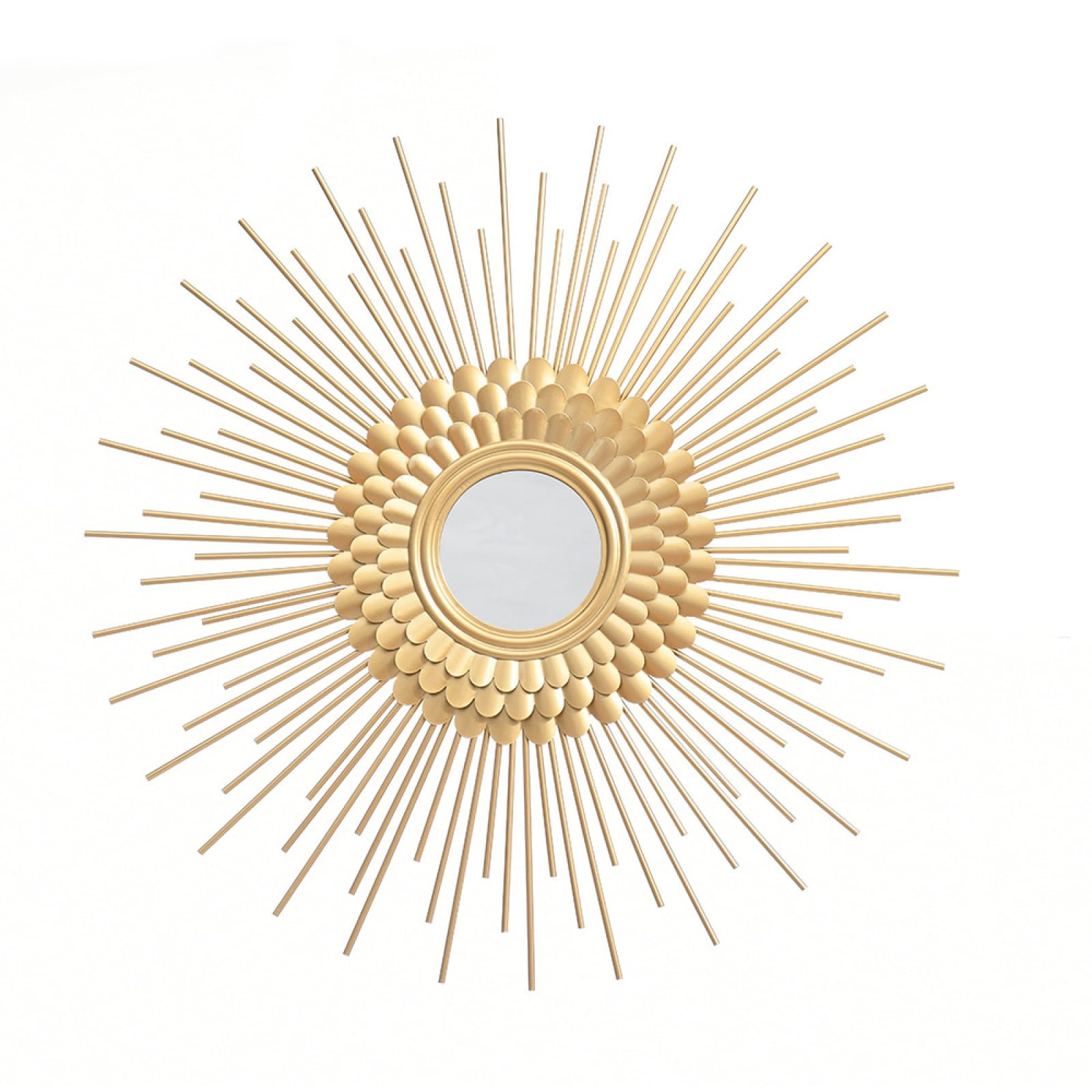 Złote lustro ścienne Sunburst, boho, dekoracyjne lustro akcentujące, nowoczesne, okrągłe, ręcznie wykonane, wiszące lustro do salonu, sypialni, łazienki, wejścia, 71 cm
