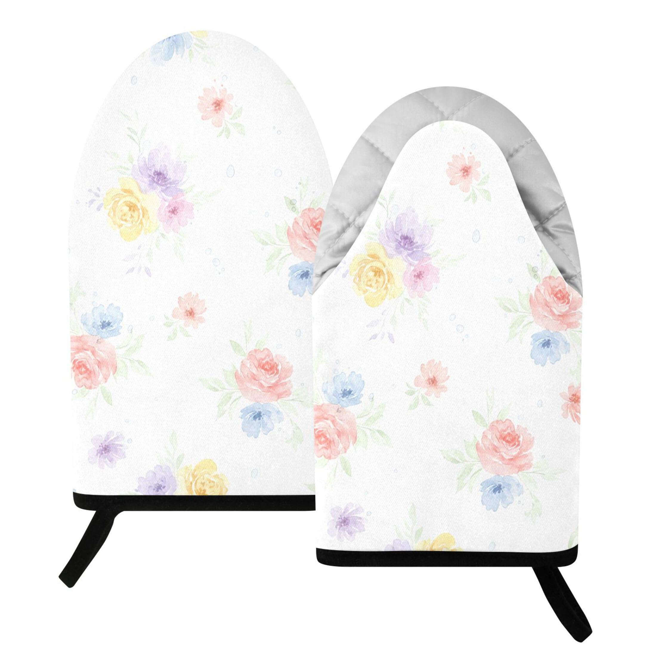 Kutsu Watercolor Flowers Oven Mitts for Kitchen, Heat Resistant Cotton Oven Gloves for BBQ Baking Cooking, Breathable Kitchen Essentials, 2 pcs