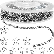 Jishi 33ft Necklace Extender Chain 3mm Silver Stainless Steel Curb Link Chain for Jewelry Making, Bracelet Necklace Extender DIY, Keychain Craft Supplies, Metal Chain Roll w/Lobster Clasps, Jump Rings
