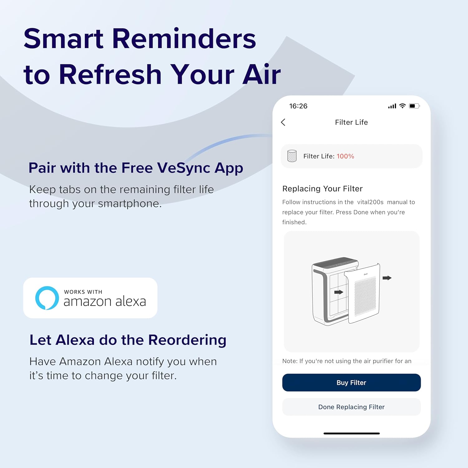 LEVOIT Genuine Vital 200S-P Air Purifier Smoke Remover Replacement Filter, Supports HEPA Sleep Mode, 4-in-1 High-Efficiency Activated Carbon Filter, Vital 200S-RF-SR, 1 Pack, Blue - Image 5