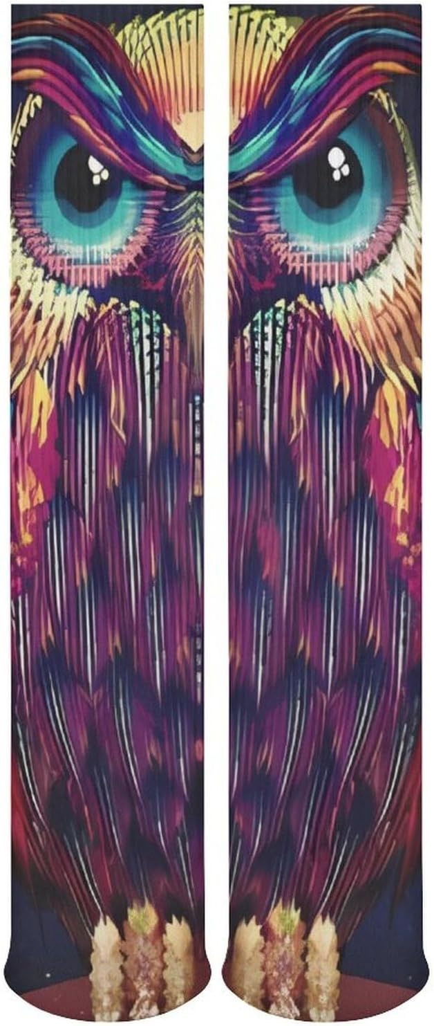 Breathable Crew Sock, Moisture Wicking, Athletic Calf Socks, Cozy | Owl Pattern Compression Socks for Women Men, Lightweight High Work Socks for Business, Casual