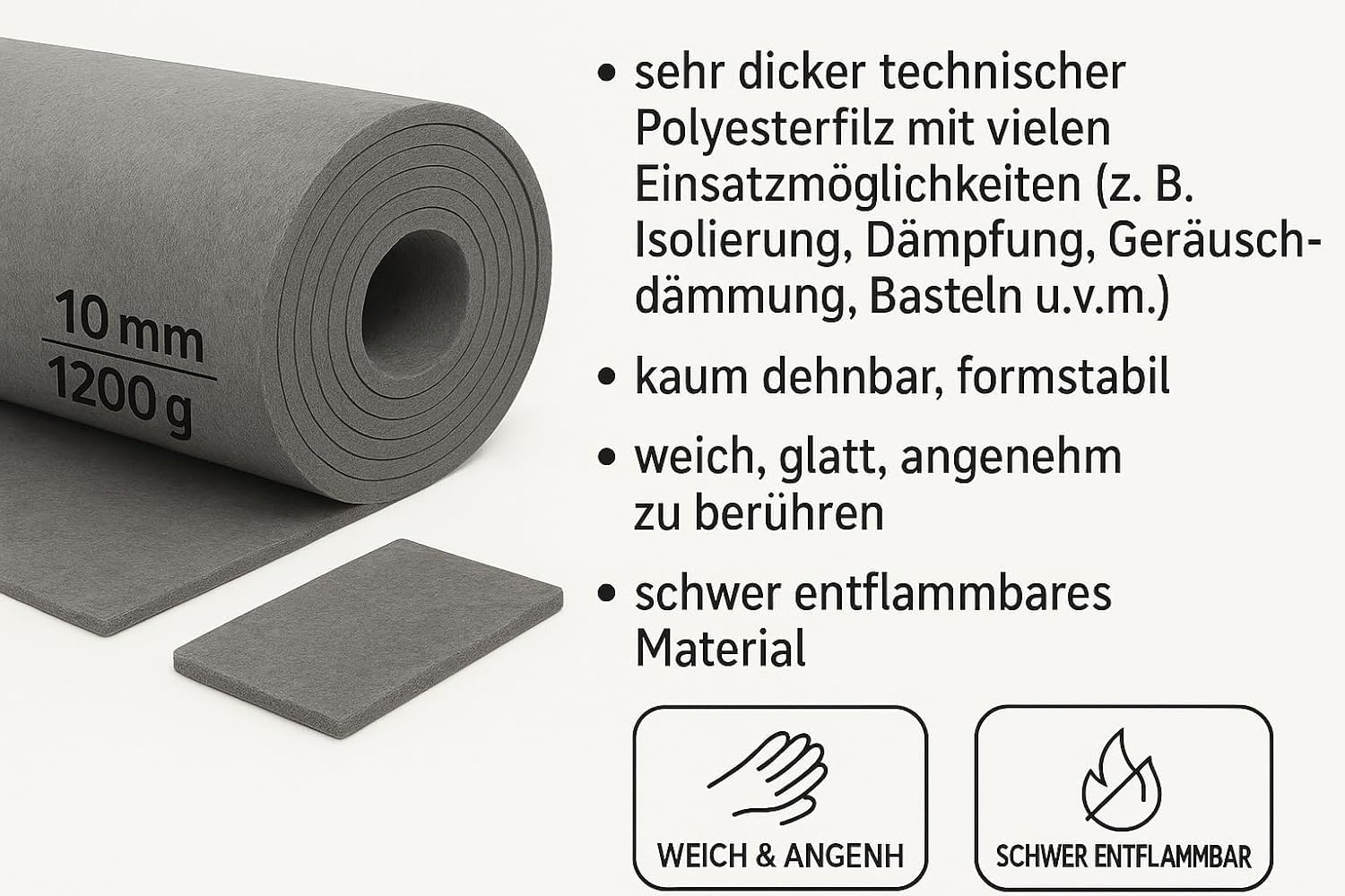 Bertoni Tissu en feutre gris épais 10 mm - 160 x 75 cm, 1200 g/m² - Feutre polyester robuste pour l'artisanat, l'isolation et l'isolation phonique