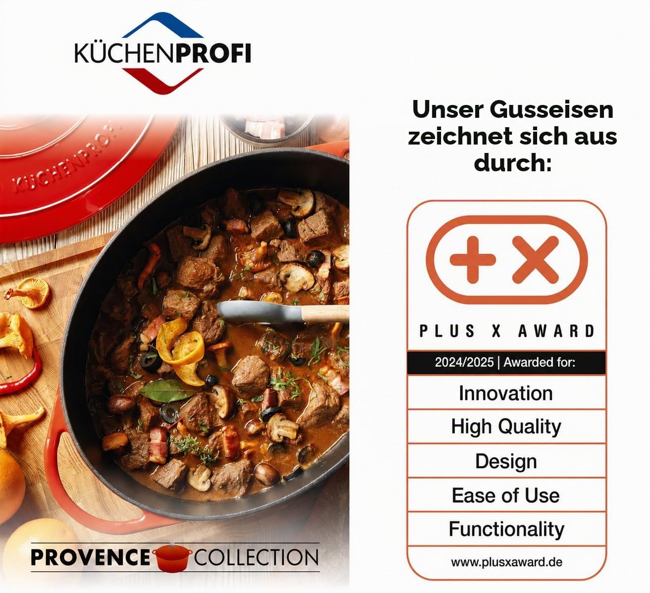 Küchenprofi Gusseisen Bräter mit Deckel, rot/innen schwarz, 40 cm, Schmortopf, Auflaufform, Dutch Oven, Brotbacktopf, emailliert, für alle Herdarten(inkl. Induktion), zum Schmoren, Backen, Braten