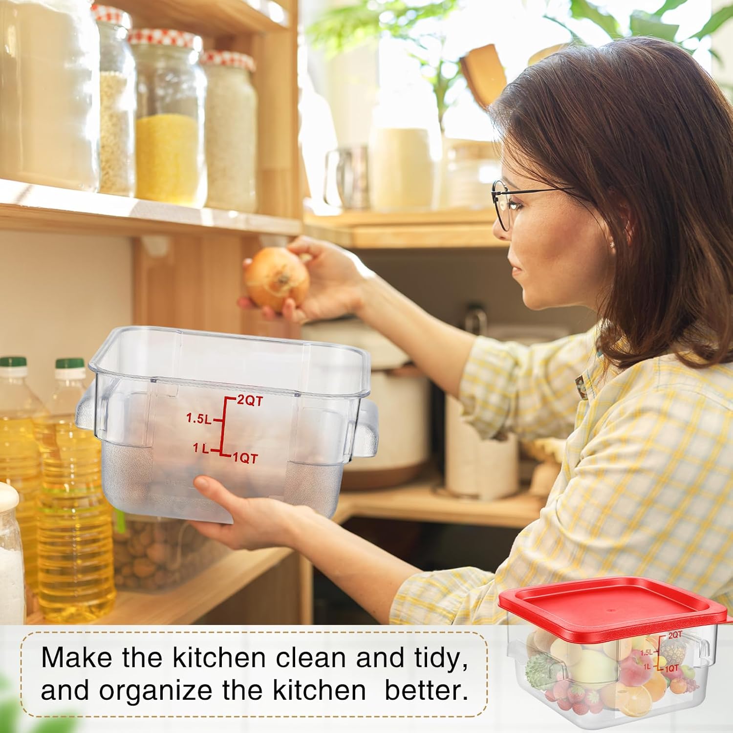 Suclain 2 Pcs Square Food Storage Container Polycarbonate Clear Food Container with Lid Commercial Rice Storage with Graduations for Commercial Kitchen(2 Qt,4 Qt,Red) - Image 6