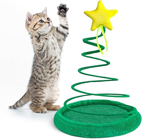 PAWISE Juguete de árbol de Navidad para gatos con placa de resorte en espiral, juguete interactivo de peluche para gatos y gatitos de interior,