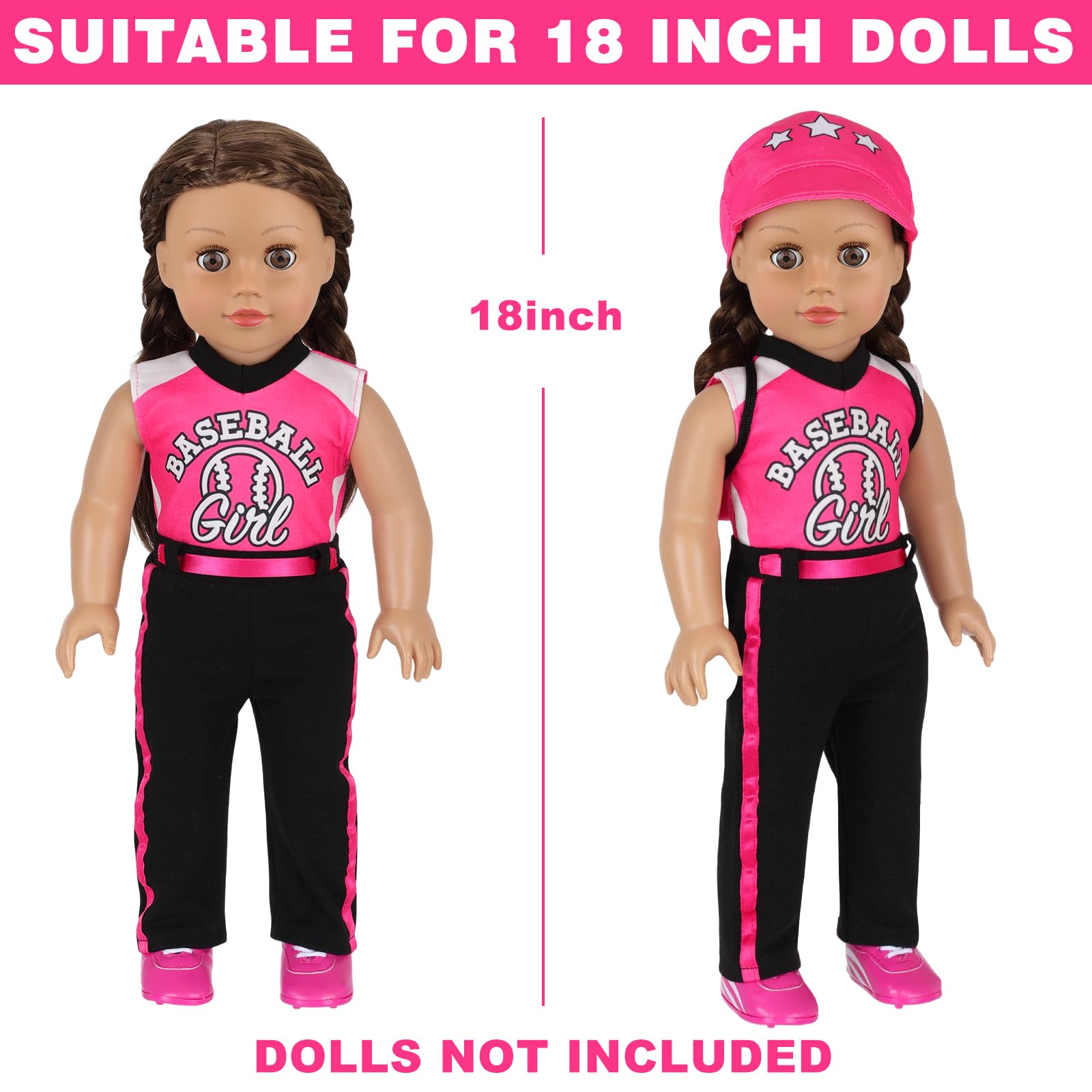 Juego de 7 accesorios de sudadera de béisbol de 18 pulgadas con diseño de rosas de muñeca de 18 pulgadas compatible con muñecas de niña de 18 pulgadas 4
