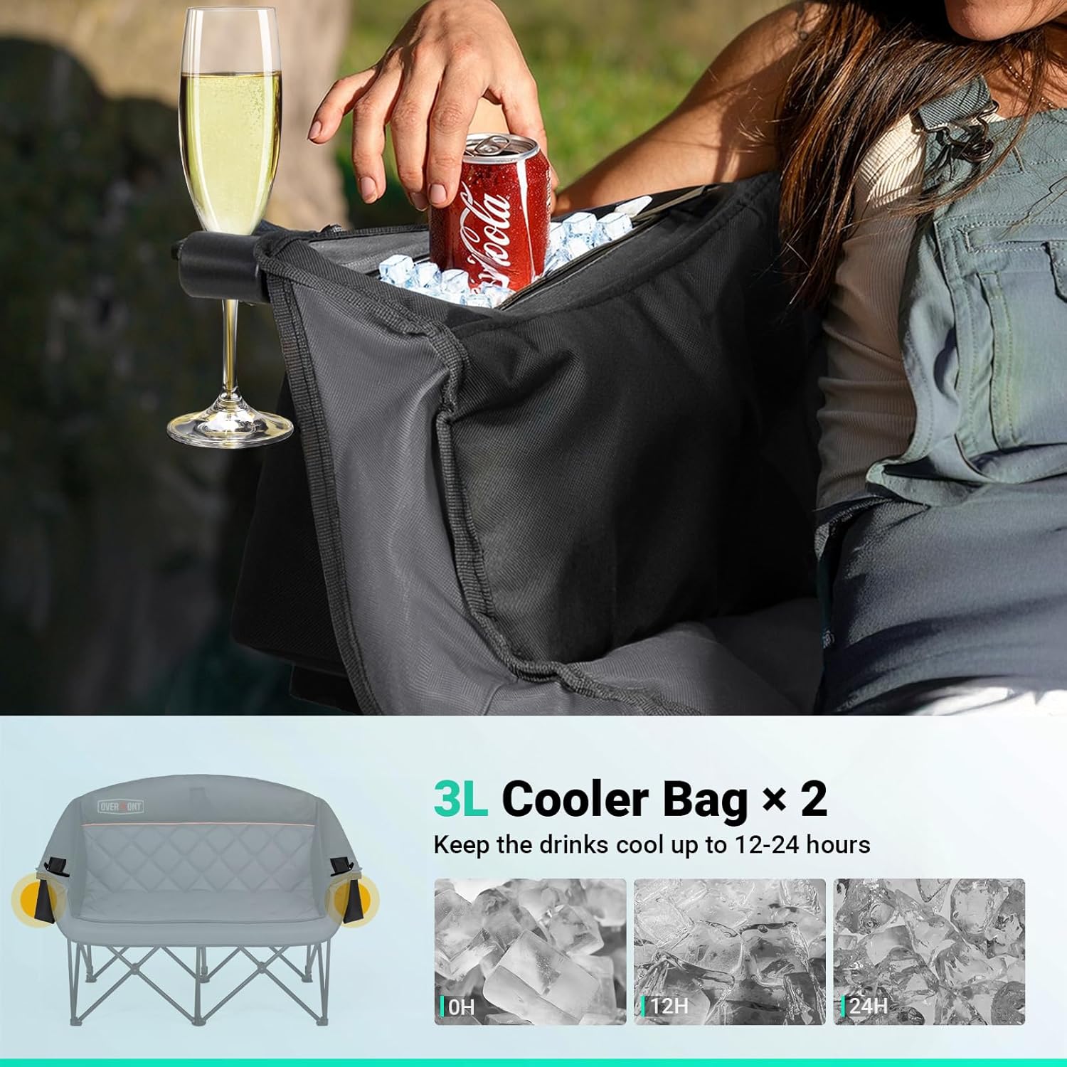 Overmont Oversized XLL Camping Chair for Adults - 850LBS Sopport Heavy-Duty Padded Folding Chair with Pocket Cup Holder Cooling Bag Wine Racks for Outdoor Sports Garden Beach Fishing Lawn Blk Loveseat