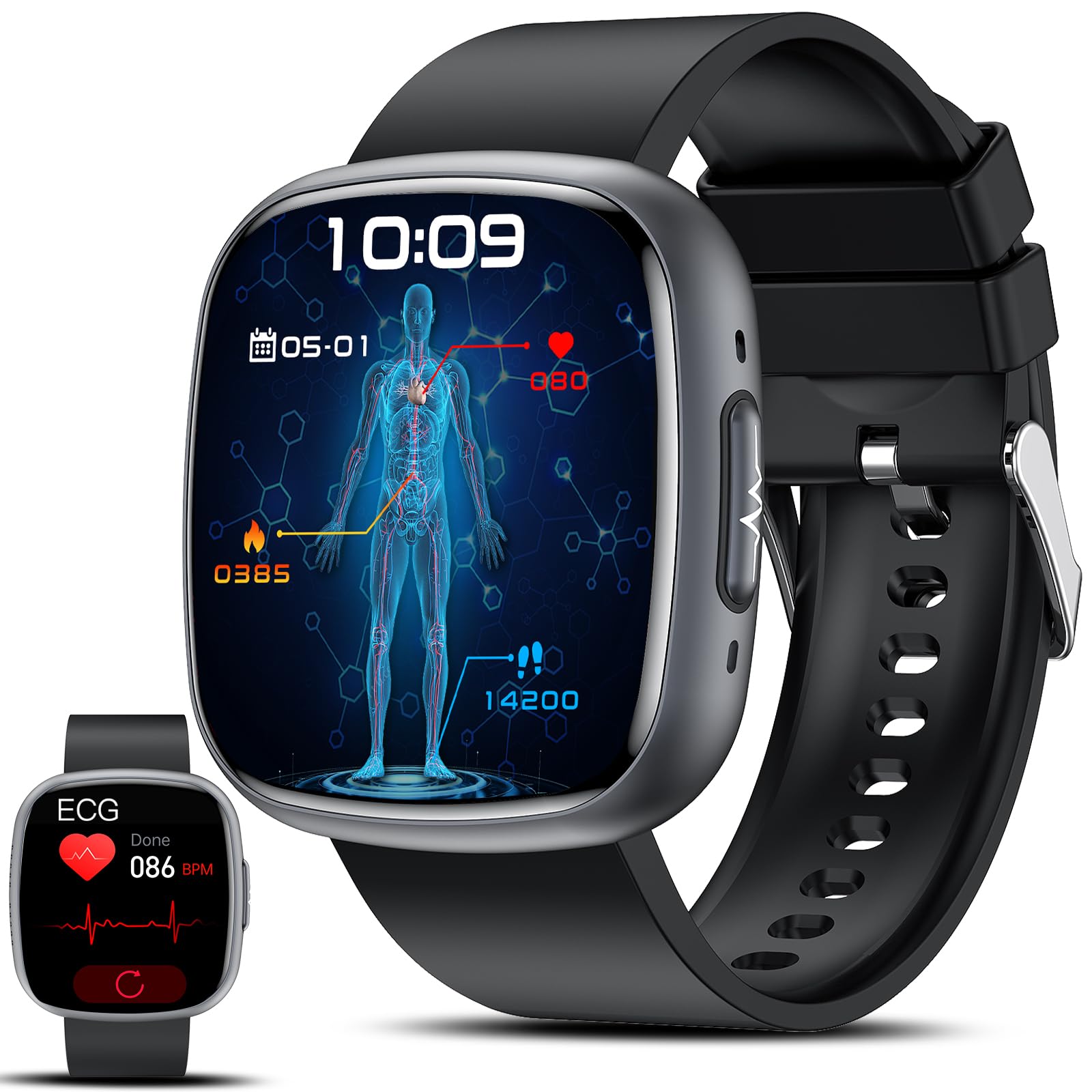 Smartwatch Pressione Sanguigna con ECG/HRV/BMI/Acido Urico, Orologio Saluta 1.75'' AMOLED, 24H Frequenza Cardiaca/Sonno/SpO2/Temperatura,Contapassi IP68, Per Android/iOS
