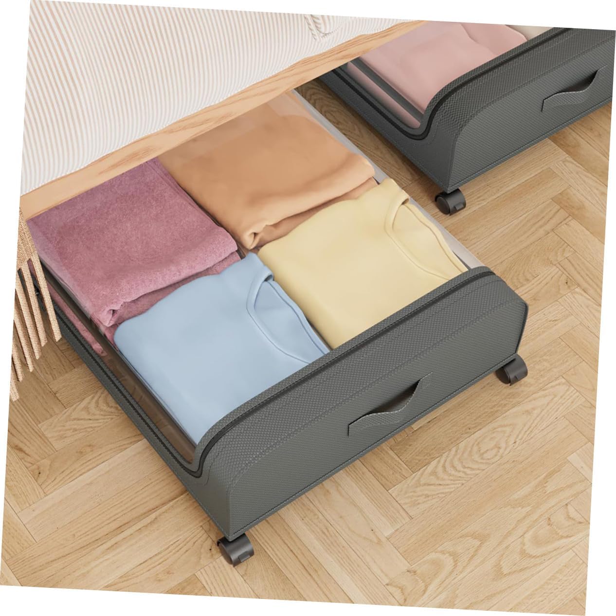 Under Bed Clothes Storage Box with Wheels Large Capacity Lidded Organizer Bin for Quilts Blankets Bedding Gray Transparent Cover