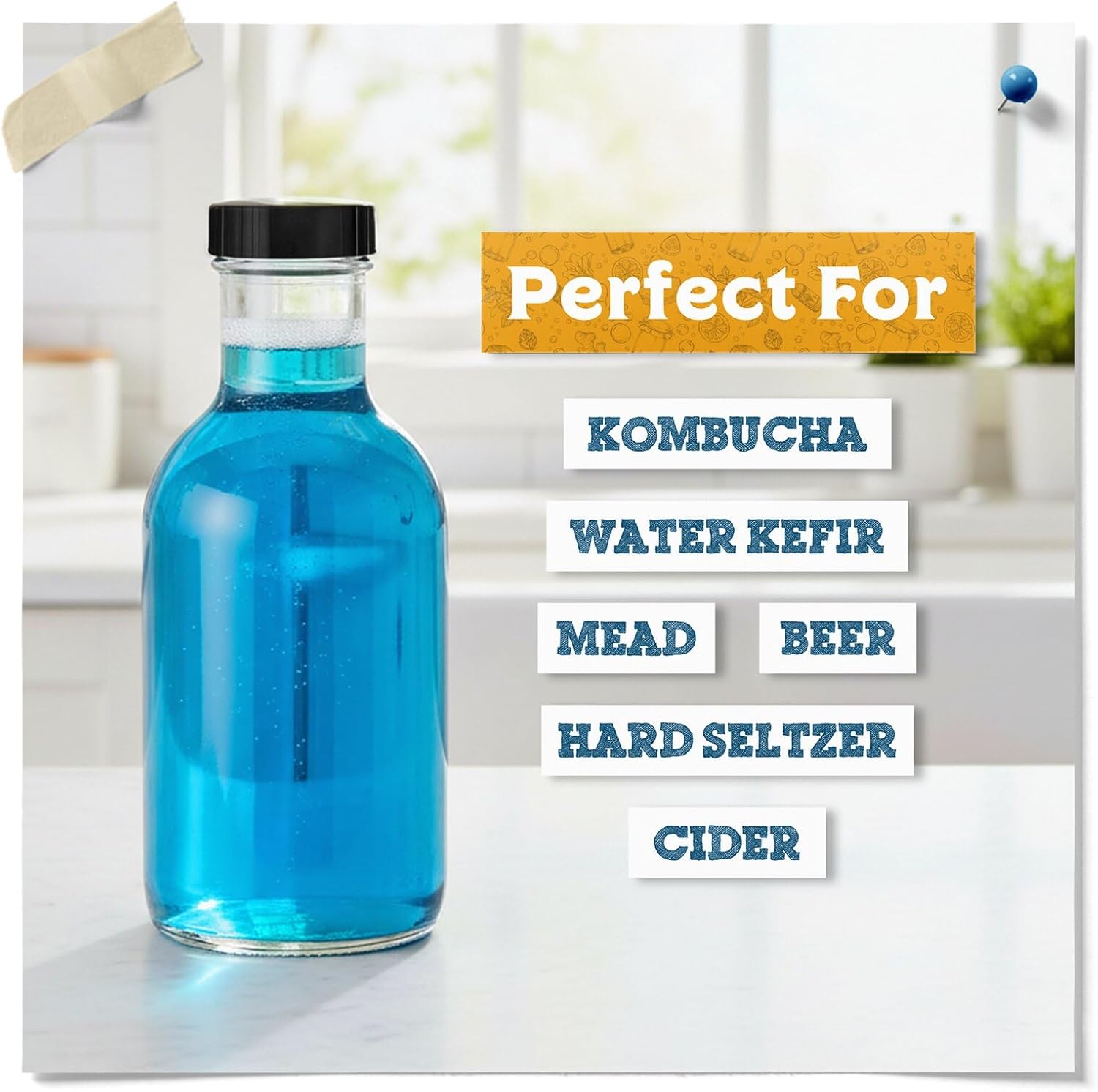 Fermentaholics Kombucha Bottling Kit – 7 Glass Bottles, Stainless Steel Funnel & Cleaning Brush – Airtight, High-Pressure Bottles for Kombucha, Water Kefir, Ginger Beer & More (Stout Bottle)