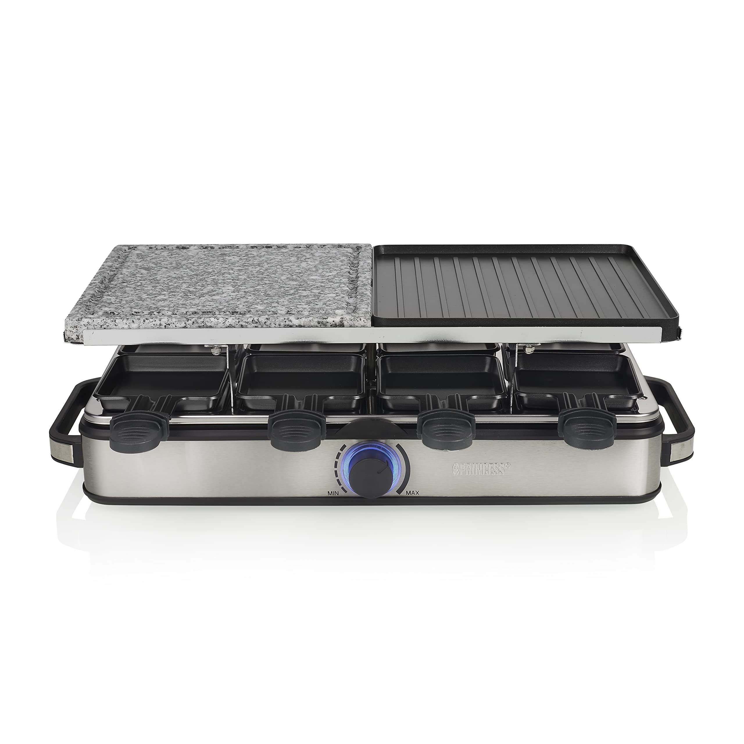 Princess Grill Raclette Deluxe – z Płytą z Kamienia I Aluminium, Dwustronny, Dla 8 Osób, Patelnia Do Raclette, 1400 W, Termostat, Stal Nierdzewna, Szczotkowana, 162635