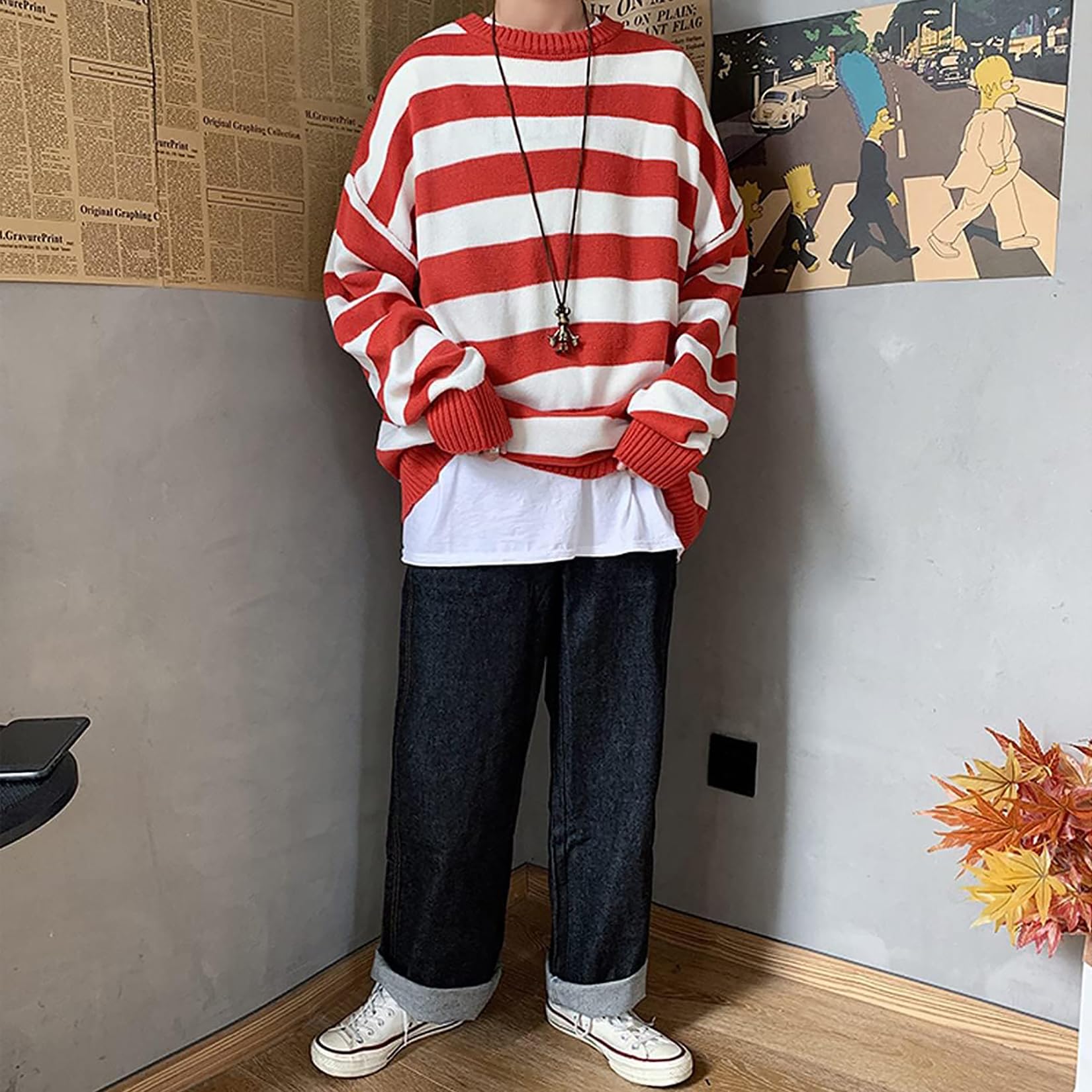 GAOJU Herren Gestreifter Pullover Herbst Winter Pullover Gestreiften Strickpullover Lässiger Langarm Patchwork Pullover Schlanker Sportswear Pullover Allgleiches
