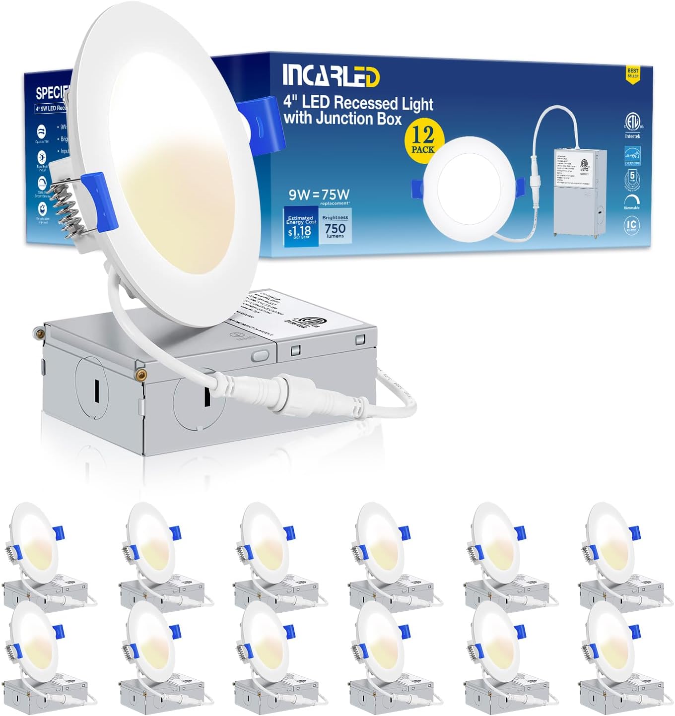 INCARLED 4Inch 12Pack 3CCT LED Recessed Slim Pot Lights 9W 750LM