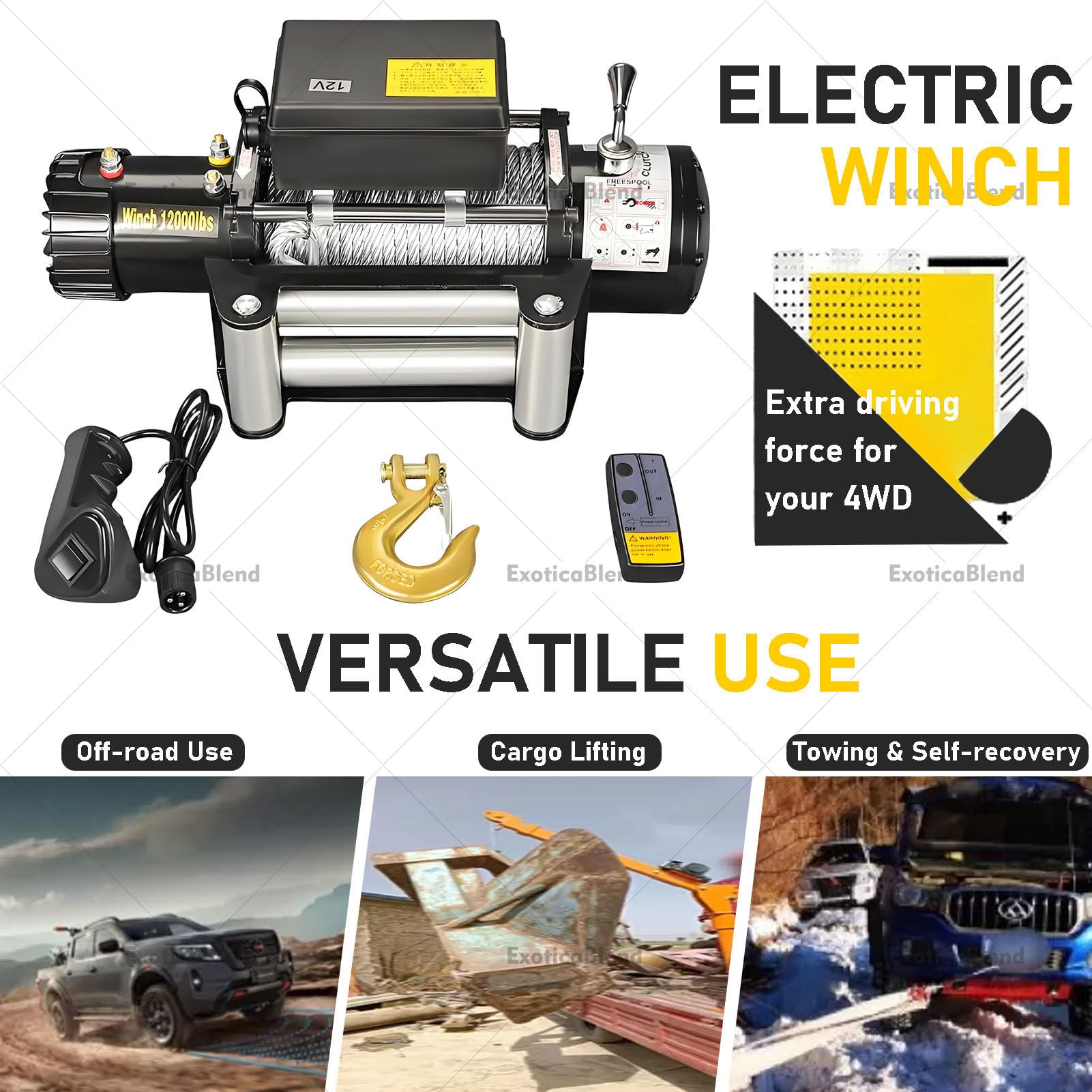Wciągarka elektryczna 3000–6000 lbs (12 V / 24 V) do ATV, UTV i pojazdów ciężarowych – model z liną stalową, pilotem bezprzewodowym/przewodowym 12V-3500LBS