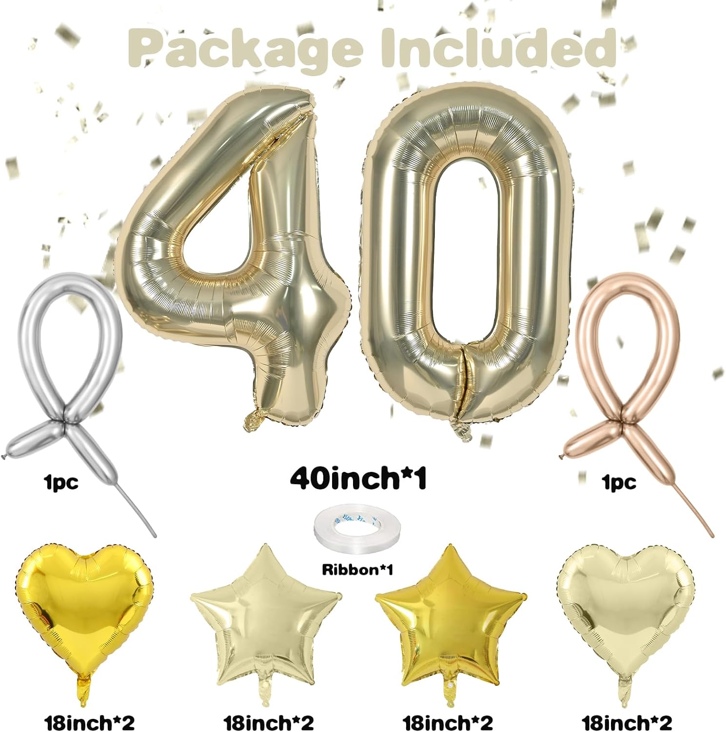 Champagne Gold Number 40 Balloons, 40 Light Gold Balloons, Number 40 Balloons Set, Gold Foil Star Heart Balloon With Long Balloon For 40th Birthday Party Anniversary 1st 4th Baby Shower Decorations - Image 2
