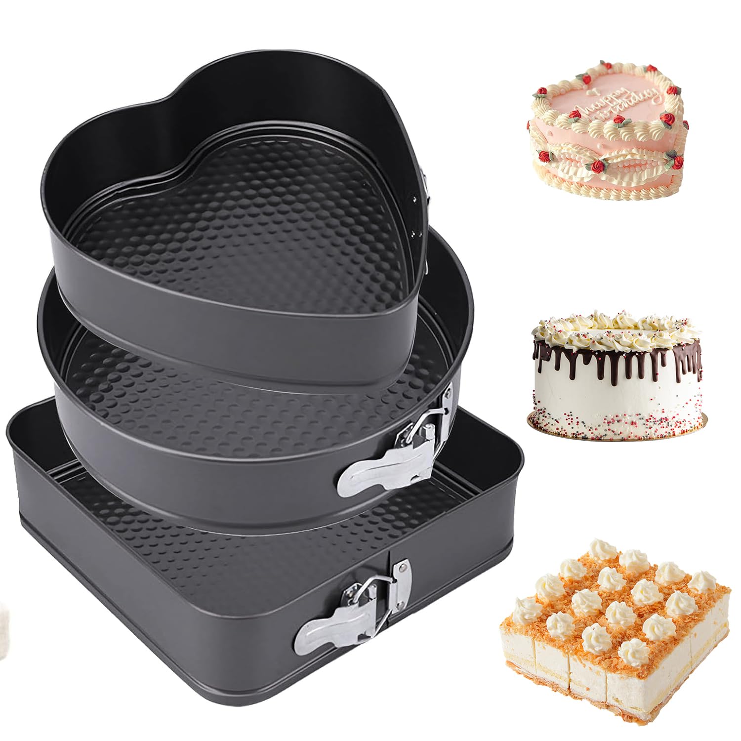 YXHZVON Springform Cake Pan, 3PCS Cake Tins for Baking, Square/Heart/Round Spring Form Cake Pans for Baking, Removable Base, for Home Cheesecakes Pie Quiches (20/22/24cm)