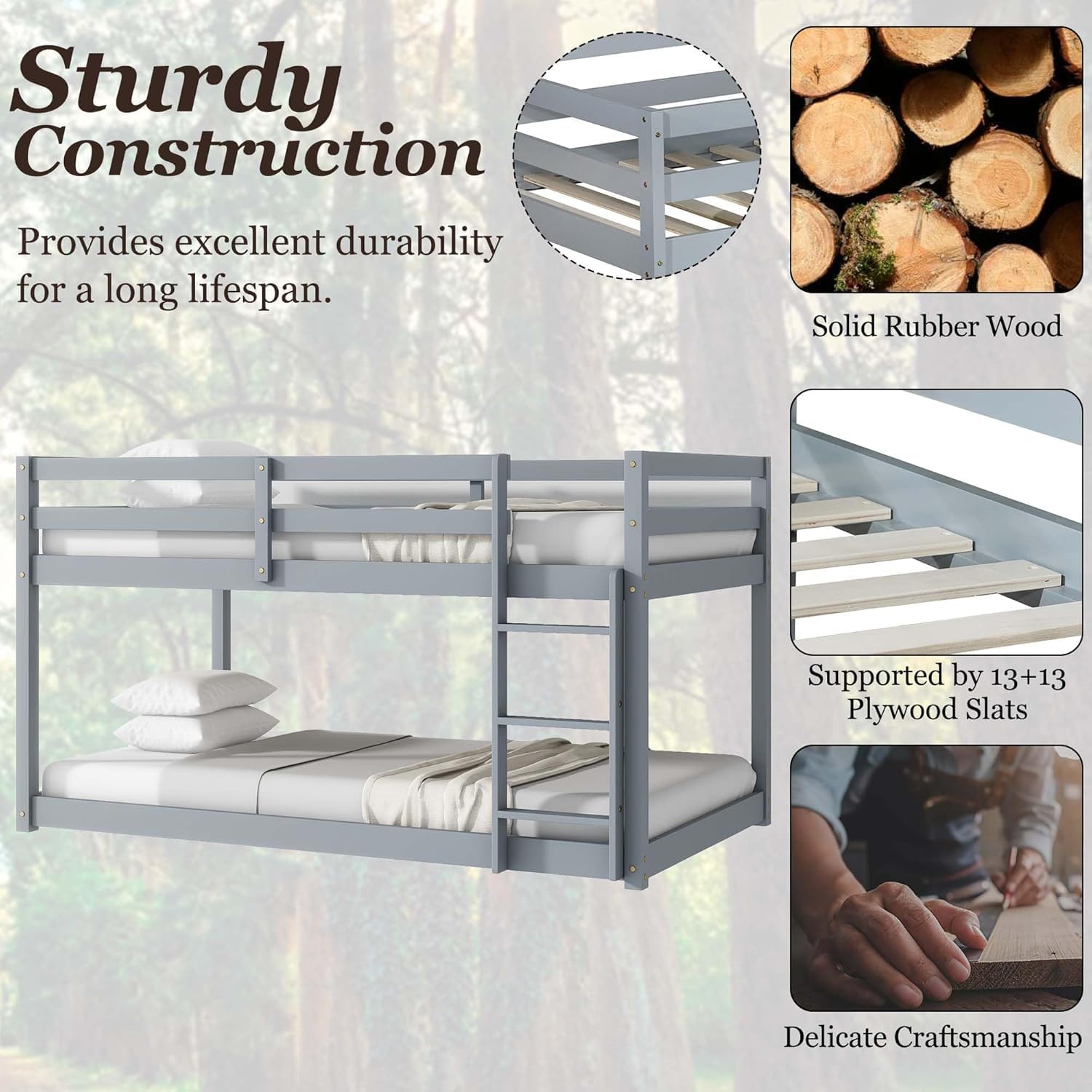 Twin Over Twin Floor Bunk Bed for Kids, Low Bunk Beds with Ladder, Solid Wood Bunk Bed Frame with Guardrails, No Box Spring Needed (Grey)