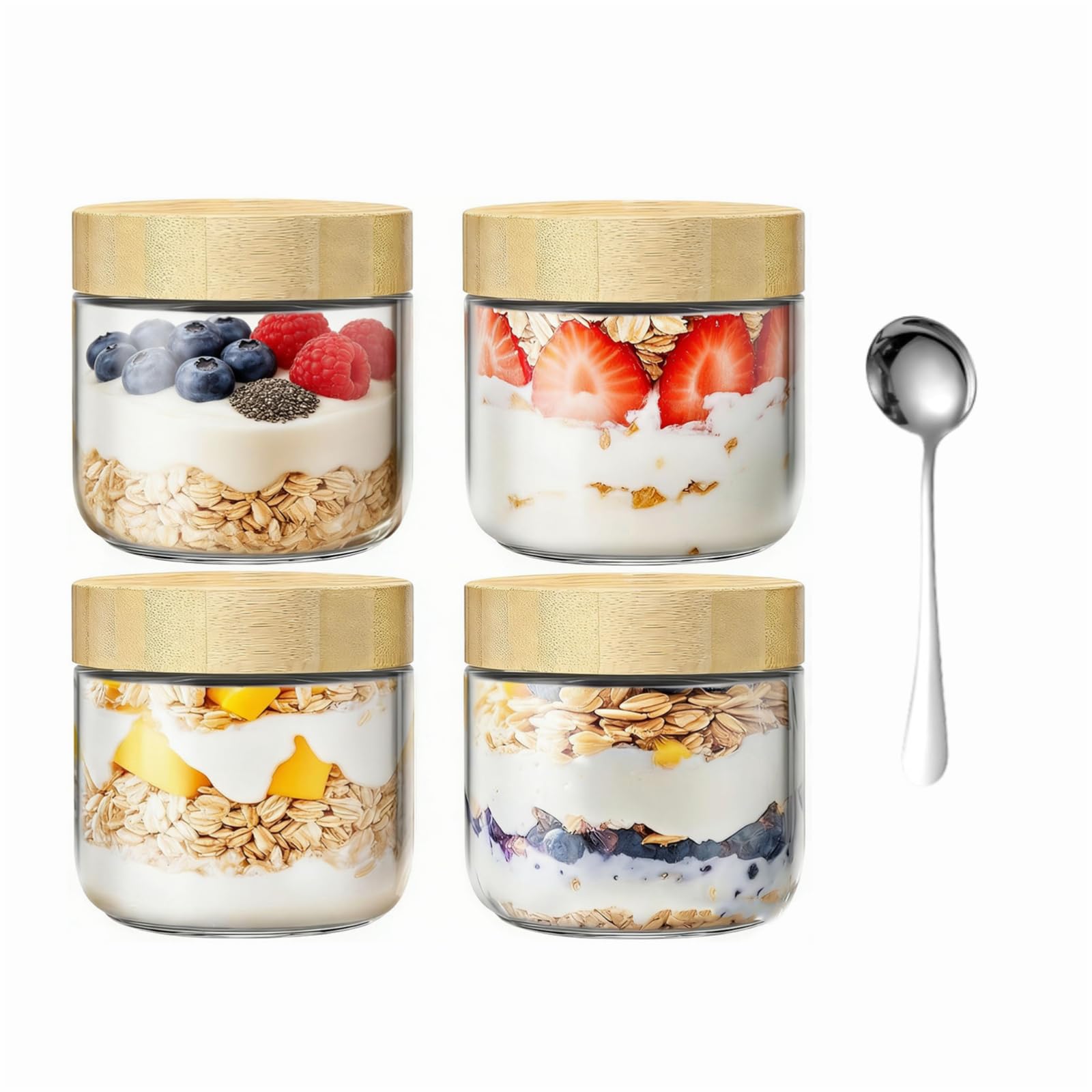 Zbello Bamboo Lid Glass Jars,Stackable Airtight Kitchen Canisters,With Bamboo Lids - Airtight, Leakproof, Dishwasher Safe - Perfect For Overnight Oats, Yogurt, Salads (16Oz*4)