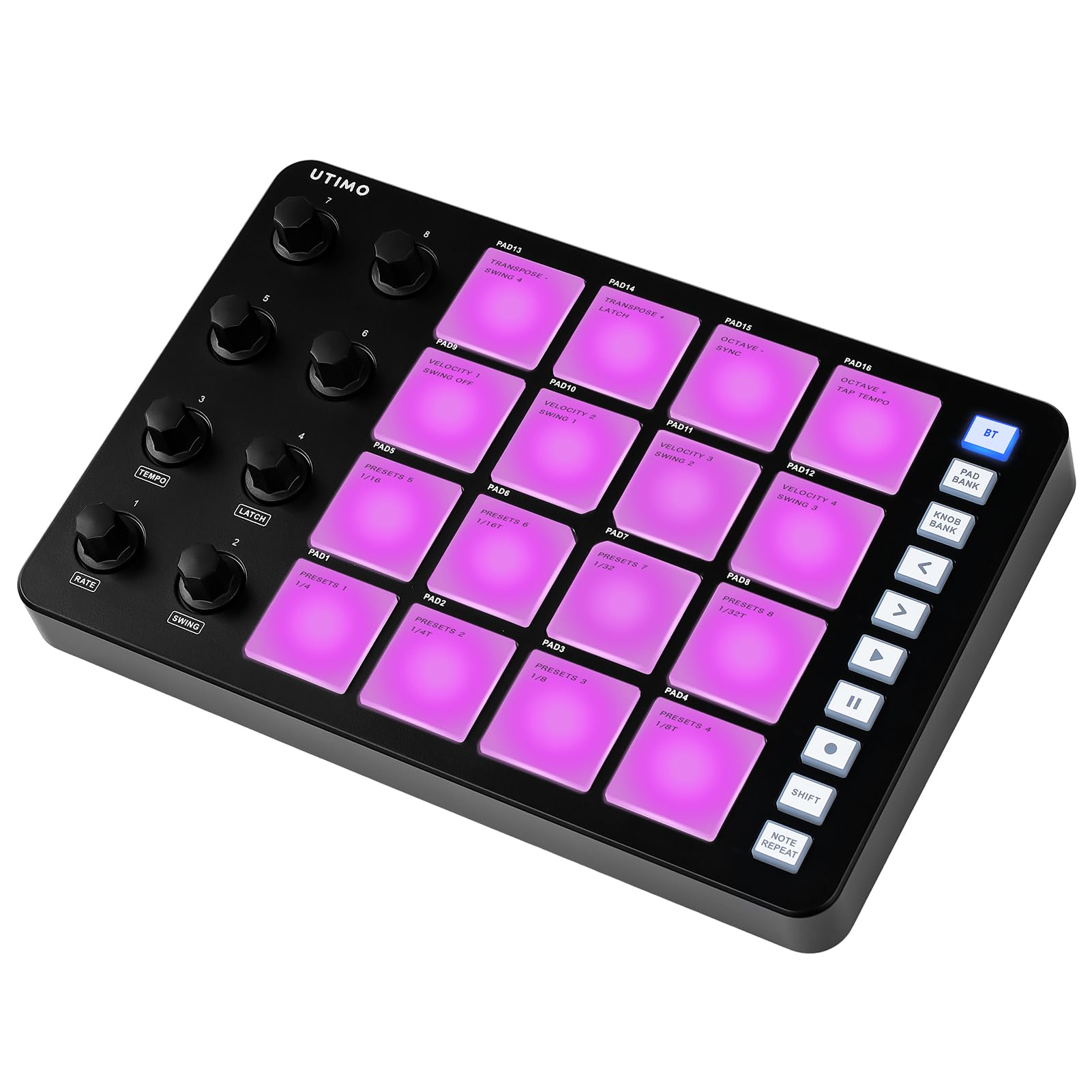 UTIMO Contrôleur MIDI Pad, SMC-Pad MIDI, Drum Pad 16 Touches RGB Rétroéclairé Clavier Musique Electronique Faible Latence Connexion Bluetooth Batterie Intégrée Noir