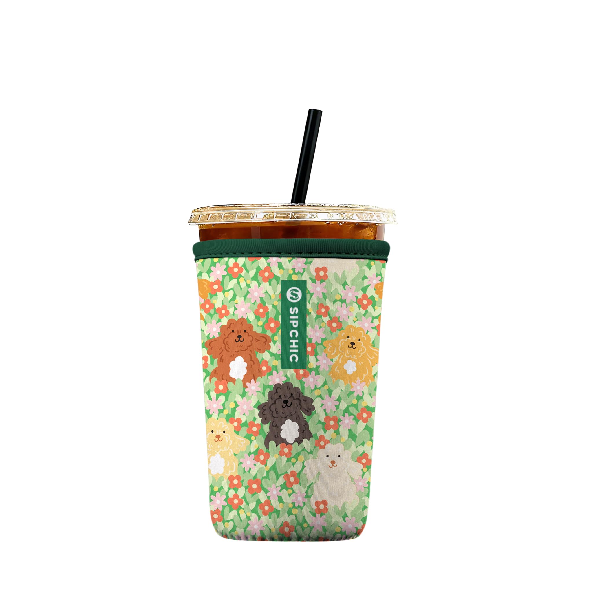 Iced Coffee Sleeve – Neoprene Reusable Cup Sleeves for Drinks, Insulated Drink Sleeves to Keep Hands Dry &amp; Drinks Cold, Stylish &amp; Durable Coffee Sleeves (Puppy Garden, Medium: 22-29oz)