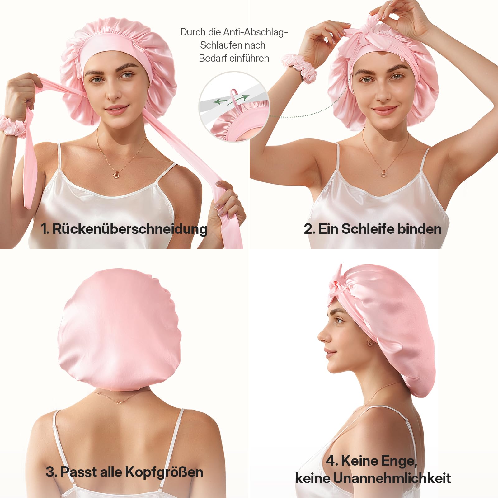 LitBear 22 Momme Seidenhaube zum Schlafen - große doppellagige 100% Silk Bonnet mit verstellbares breites Band, atmungsaktive und Haarschutz mit Seiden-Scrunchie