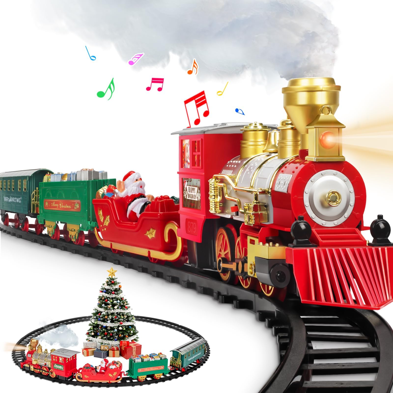 Gloween Train Set for Under The Tree, Electric Train Toy with Steam, Light and Sounds, Great for 3 4 5 6 7 8 Year Old Kids Toddler - XQ2409