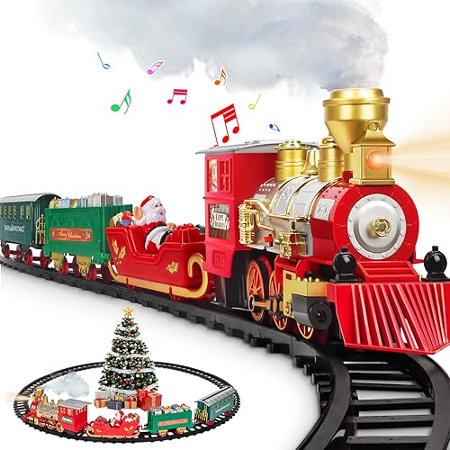 OleFun Juego de tren de Navidad, juguetes de tren eléctrico con vapor de agua, sonidos y luces, juego de tren modelo para debajo del árbol de